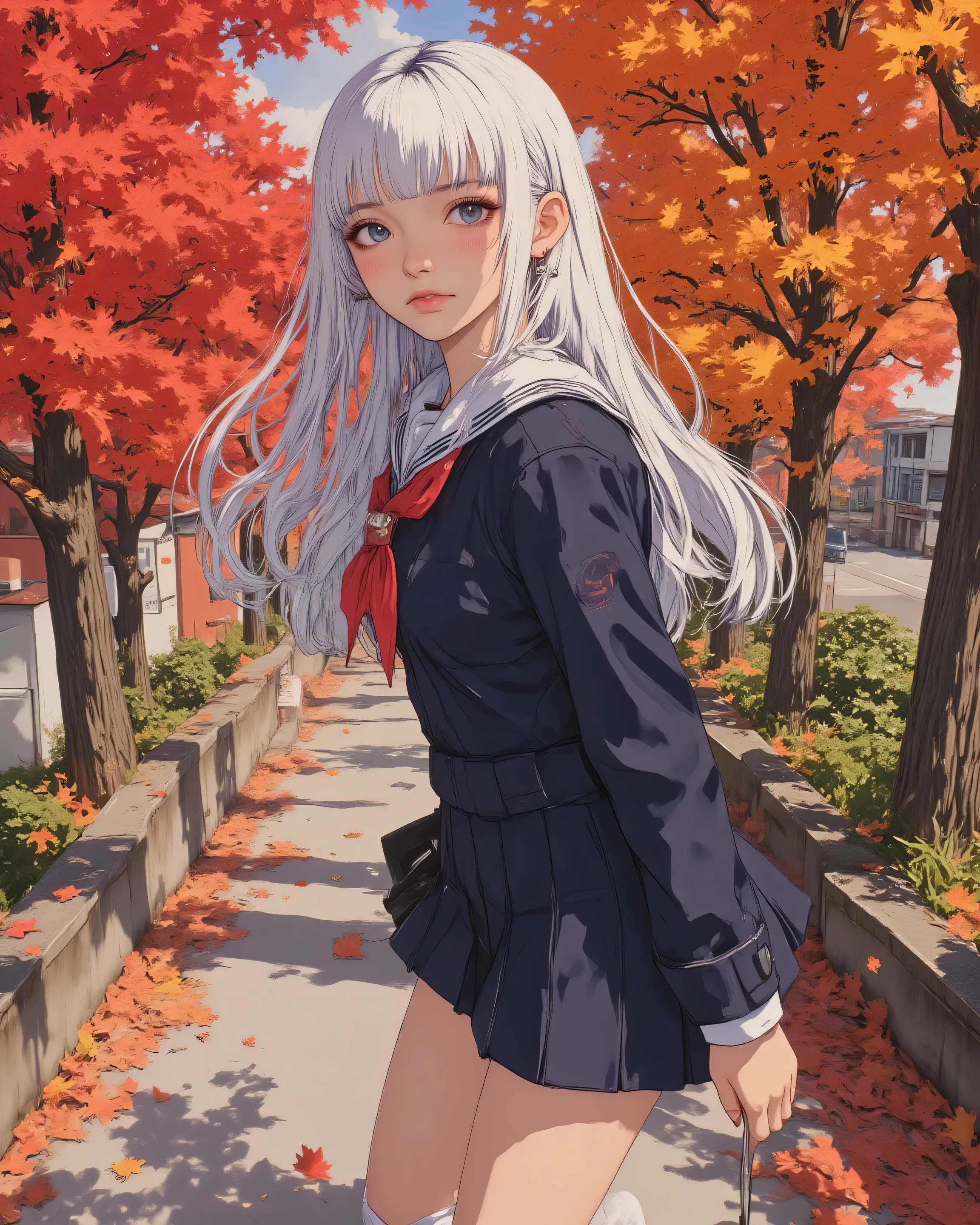 masterpiece, best quality, ultra detailed, 8k, absurdres, perfect lighting, sharp focus,
1girl, luna \(alters\), long flowing silver hair with subtle autumn light reflections, huge sparkling blue eyes, delicate beautiful face, soft gentle smile, slight blush on cheeks,
super cute japanese school uniform, navy blue sailor suit with white collar and red ribbon, pleated skirt fluttering gently in autumn breeze, white knee socks, black loafers, small school bag,
standing gracefully on school path lined with vibrant autumn maple trees, beautiful red orange and yellow fallen leaves on ground, ginkgo leaves floating in soft wind, warm golden autumn sunlight filtering through leaves, cozy atmosphere, depth of field,
pure autumn color palette with rich reds and golds, soft rim lighting, cinematic composition,
art by wlop, ilya kuvshinov, makoto shinkai, kyoto animation, extremely detailed leaves and uniform texture, aesthetic, beautiful autumn schoolgirl scene, no snow, no cherry blossoms, autumn foliage only, young lady, elegant sharp eyes, long straight silver hair, luxury navy blazer uniform, serene expression looking at falling leaves, rooftop with autumn city view, or tree-lined path with red leaves tunnel effect