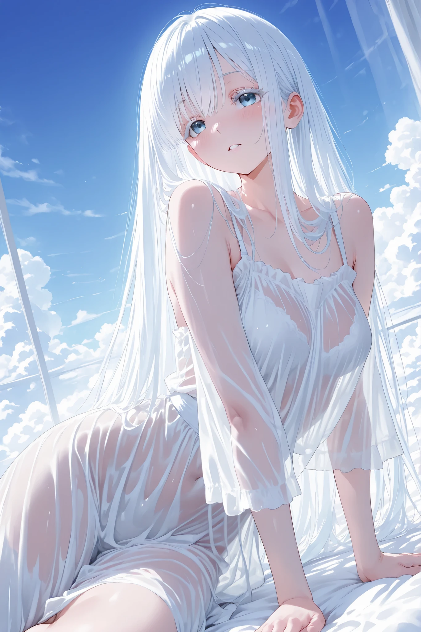 aria, white hair, white eyelashes, see through clothing, dreamy atmosphere, Lying on top of the clouds