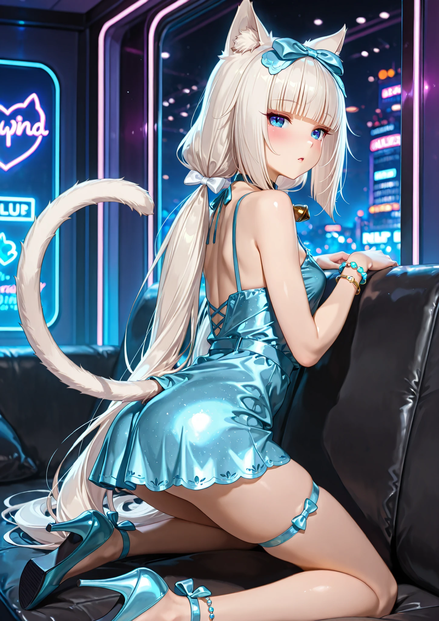 1girl, solo, vanilla \(nekopara\), nekopara, cat girl, blue eyes, long white hair, low twintails, cat tail, blunt bangs, hair bow, neck bell, short dress, kneeling on the couch, nightclub, vip lounge, short dress, bracelets, leg jewelry, high heels, looking back, seductive, sexy pose, alluring atmosphere, cinematic lighting, BREAK, masterpiece, superb quality,warm color,high resolution,high fashion,absurdres extremely,vivid colors,intricate details,best quality,amazing quality,very aesthetic,newest,ultra-detailed,nsfw,
