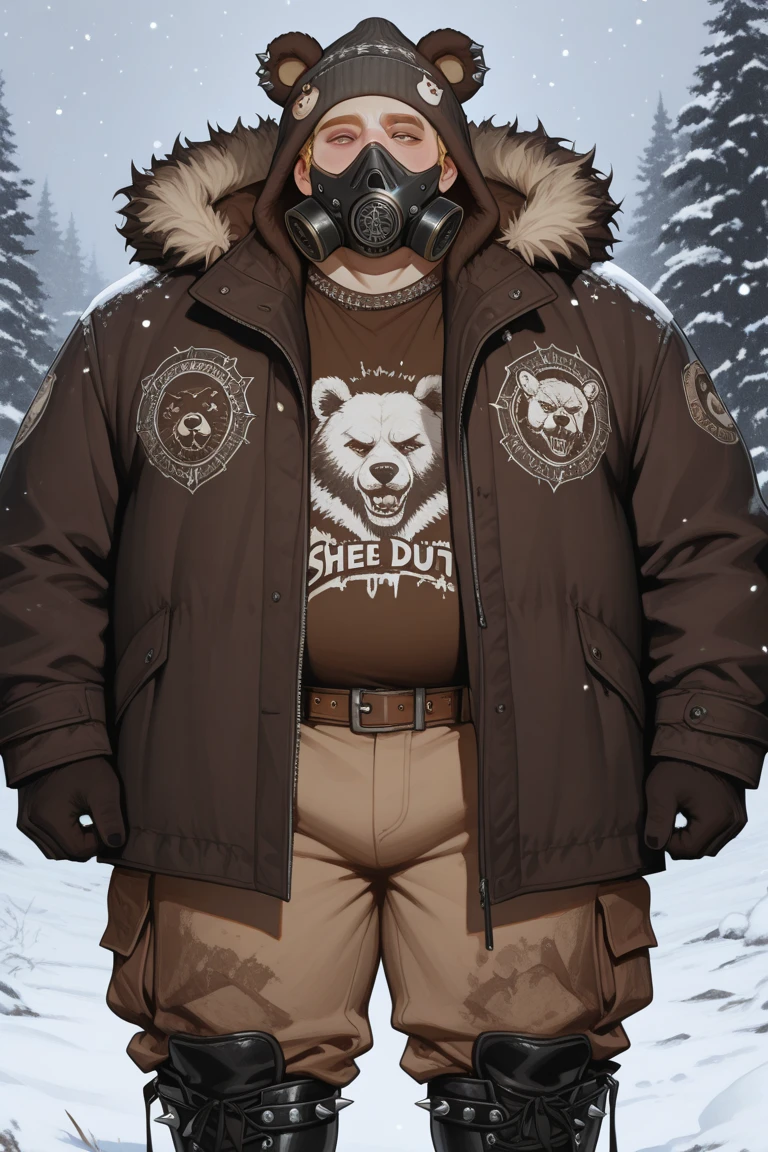 Draw a chubby cute boy，Stand in front of a hut in the snow。Goggles are worn on the forehead，Wear thick adventure clothing，The clothes are open to reveal the belly，Chubby 18 year old boy，The  protrudes，pupils，prominent ，Shy，The  protrudes，Protruding ，The  is raised