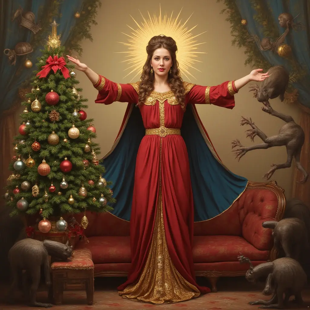  in red dress casts a spell on a small wooden doll.