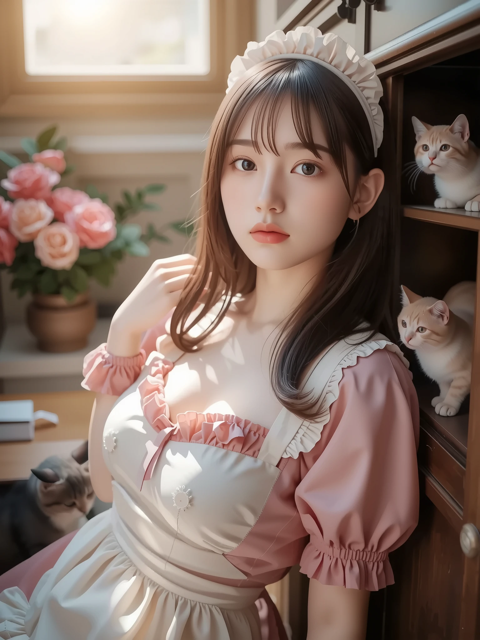 ultra-realistic, photorealistic, dramatic scene, shadow, global-illumination, solo, (young Japanese famous idol girl), very beautiful fragile Japanese girl, very beautiful with very cute face, (modern maid), (wearing a cute colored maid outfits with frills), (very ), slim waist, at the antique room in the European castle, antique furnishings, flowers, slight smile, She hides in a closet with a lot of mewing cats and peeks out, a lot of cute cats