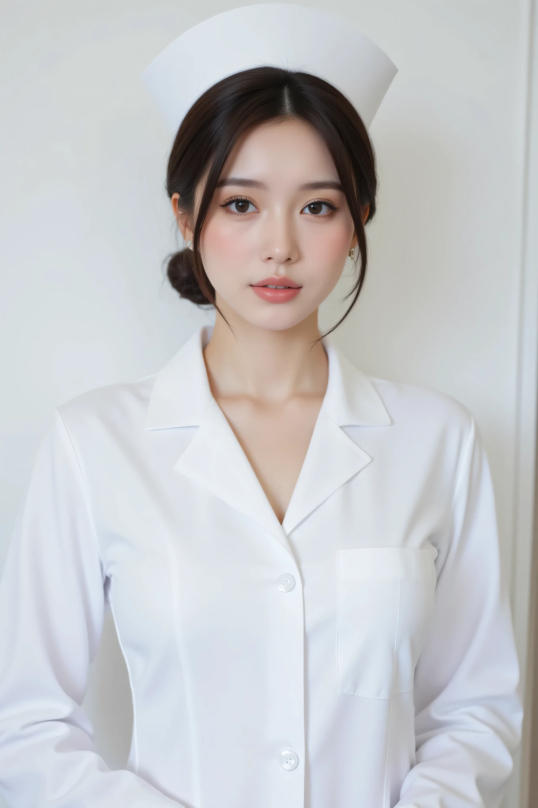 ( top quality、 Greatest Masterpiece、 top quality、 winning works )、Beautiful Women、(1 nurse:1.1)、、(Short tied chignon showing forehead:1.1)、( perfect white unbuttoned nurse coat :1.3)、 (perfect plain white nurse hat:1.3)、(sidemap:1.3)、(Looking back on me :1.3)、(Big Breasts Seen From the Side:1.3)、perfect portrait photo 、 Bright, beautiful skin 、standing gracefully、( pure white fuzzy pure white background :1.3)、(bust up pictures:1.1)、big boobs、very white skin、tyndall effect、without makeup 、perfect and beautiful face in light fog、clearly depicts the details of a beautiful face