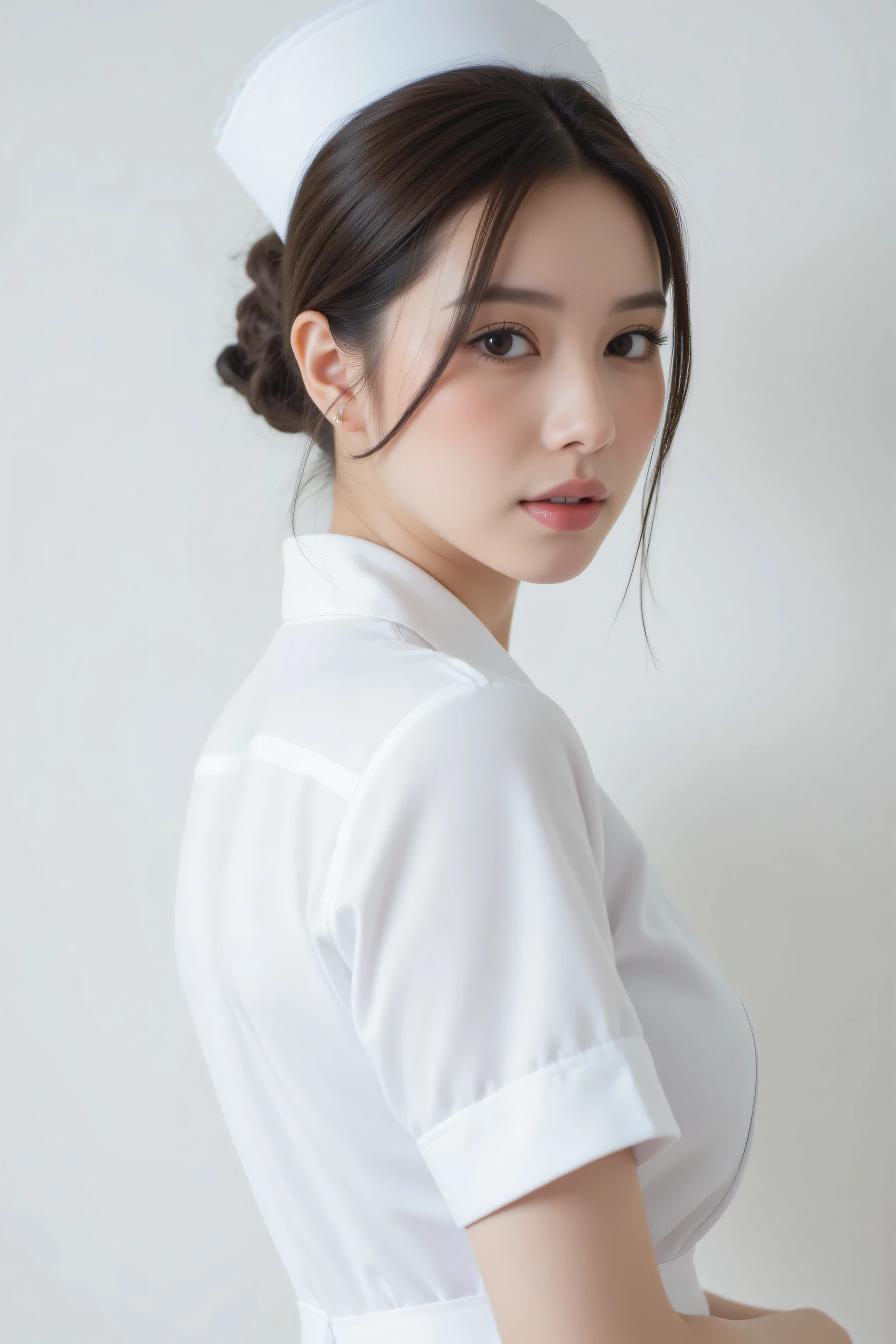 ( top quality、 Greatest Masterpiece、 top quality、 winning works )、Beautiful Women、(1 nurse:1.1)、、(Short tied chignon showing forehead:1.1)、( perfect white unbuttoned nurse coat :1.3)、 (perfect plain white nurse hat:1.3)、(sidemap:1.3)、(Looking back on me :1.3)、(Big Breasts Seen From the Side:1.3)、perfect portrait photo 、 Bright, beautiful skin 、standing gracefully、( pure white fuzzy pure white background :1.3)、(bust up pictures:1.1)、big boobs、very white skin、tyndall effect、without makeup 、perfect and beautiful face in light fog、clearly depicts the details of a beautiful face