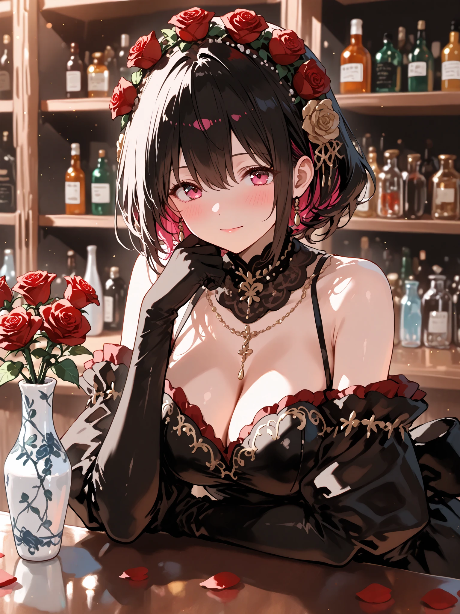 Ajof, side locks, golden hairband, hair adornments, ((Red eyes:1.5)), gold earring, Large breasts,((black hair:1.5)), 1girl, alternate costume, armlet,  shoulders, black background, black dress, black gloves, black thighhighs, large breasts, cleavage, criss-cross halter,  dress, drinking glass, flower, gloves, gradient background, halterneck,  large breasts,looking at viewer, purple short nails,  gloves, solo, thighhighs, thighs, long hair, ((masterpiece)) pleated purple skirt, sitting,