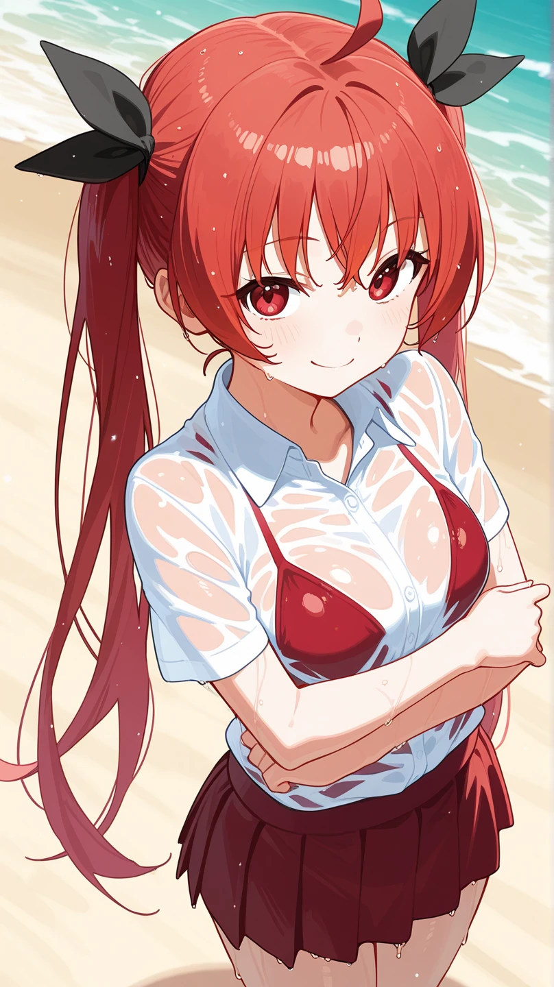 Anime style, Painting, absurderes、perfect anatomia、Hani , azur Bra visible、breasts out、long hair, ‎cleavage of the breast, breasts out , on the beach, see-through, The shirt, red blush, smile, redhead, red hairs, azur string, blue beach dress, sweating