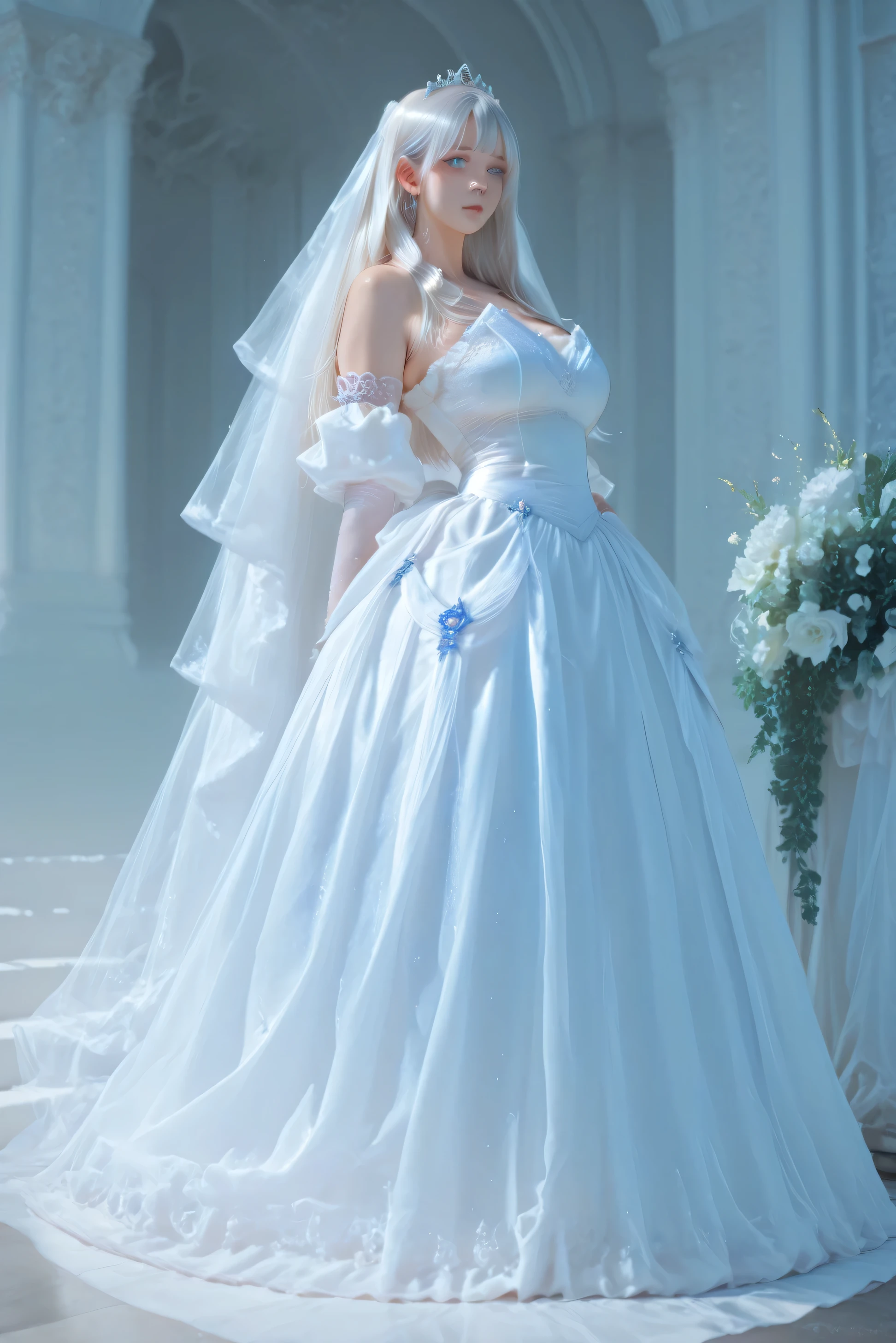 beautiful woman ,white long hair, blue bright eyes, large breas, in white large elegant bride dress, ultra realistic, materpiece, full body, full view