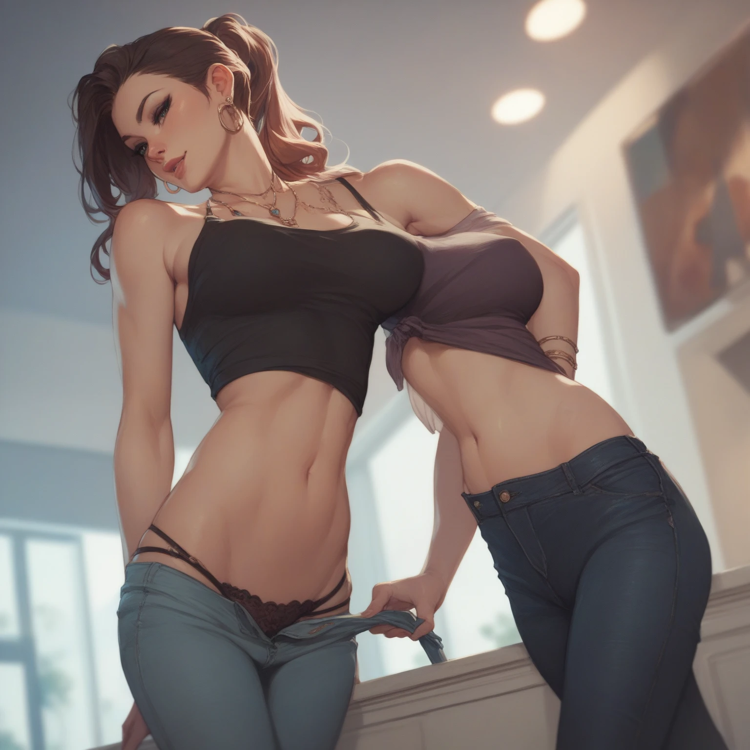 (masterpiece), best quality, expressive eyes, perfect face, (tavern background), (standing), (smirk), (closeup view), (1girl, vanessa alessia, dark skin, tanned skin, brown hair, wavy hairstyle, brown eyes, hourglass figure, thin body, skinny body, petite_body, , thick thighs, long fingernails, white front lace blouse, long sleeve, loose fit, brown leather corset, brown leather shorts, brown boots, , flintlock pistol in holster, hoop earrings, miscellaneous jewelry),  , stripping, elegant makeup, exhibitionism,  in public, , slim thighs, toned body, shiny skin,  pose,narrow , wearing high hip  and see-through top, amber eyes, (((girl stripping on table))), (v arms)