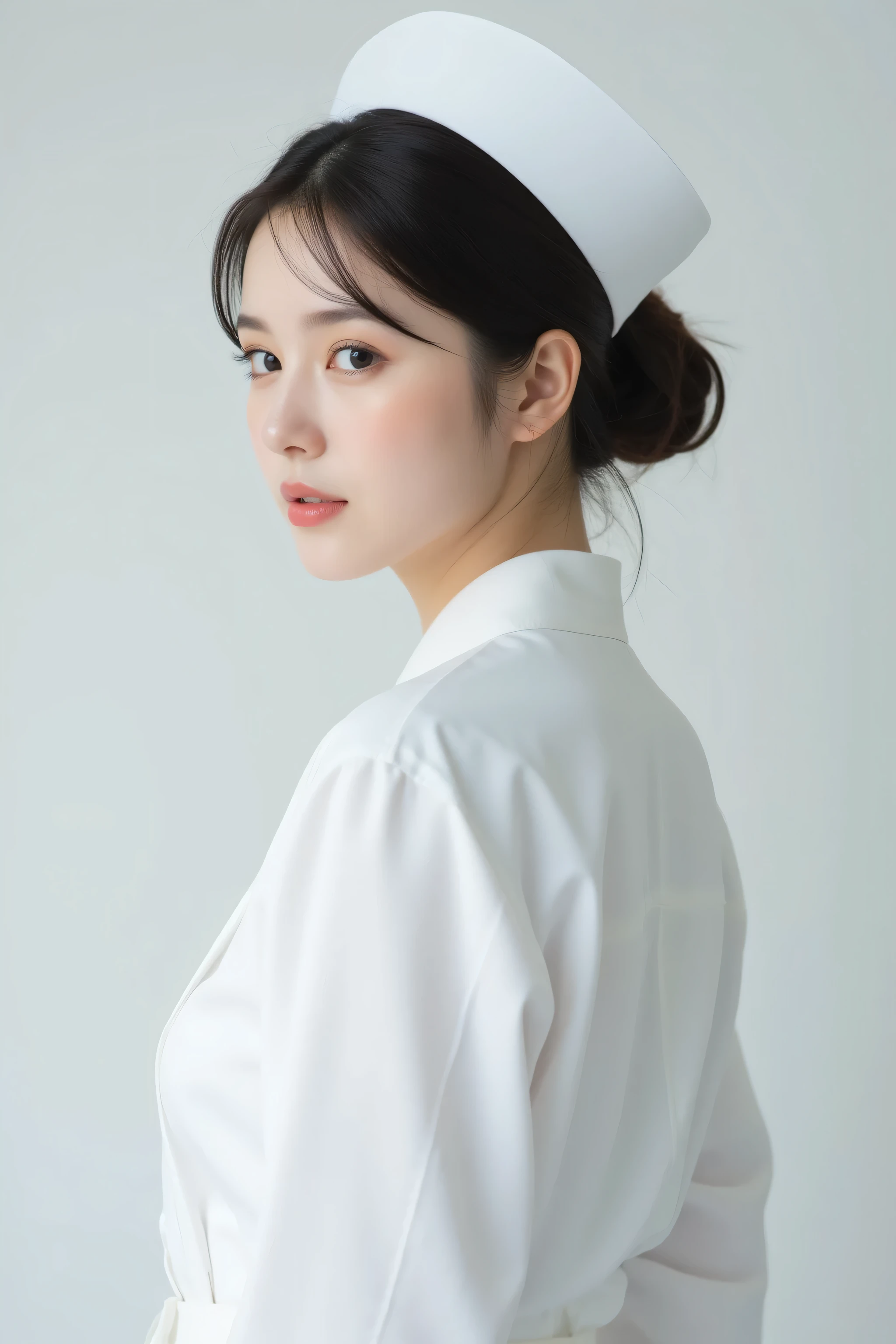 ( top quality、 Greatest Masterpiece、 top quality、 winning works )、Beautiful Women、(1 nurse:1.1)、、(Short tied chignon showing forehead:1.1)、( perfect white unbuttoned nurse coat :1.3)、 (perfect plain white nurse hat:1.3)、(sidemap:1.3)、(Looking back on me :1.3)、(Big Breasts Seen From the Side:1.3)、perfect portrait photo 、 Bright, beautiful skin 、standing gracefully、( pure white fuzzy pure white background :1.3)、(bust up pictures:1.1)、very white skin、tyndall effect、without makeup 、perfect and beautiful face in light fog、clearly depicts the details of a beautiful face