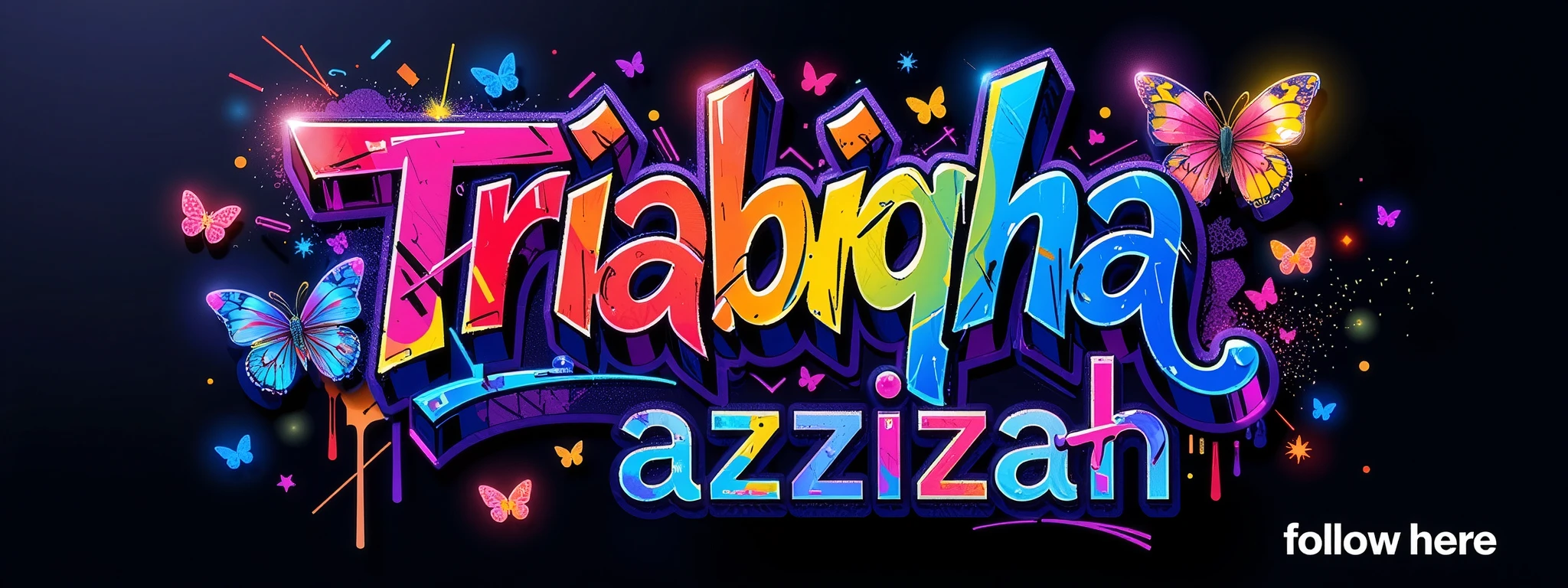 a detailed logo of the beautiful graffity text " Triabiqha Azzizah" And small display name at bottom right side written " follow here ", highly detailed,3d logo much butterfly flowers stardust rainbow ,dynamic,dramatic lighting,vibrant glowing colors in the dark,intricate design,strong contrast,bold typography,rainbow aesthetic,dynamic motion blur,photorealistic,cinematic. Watermark "follow here" At botom right side .