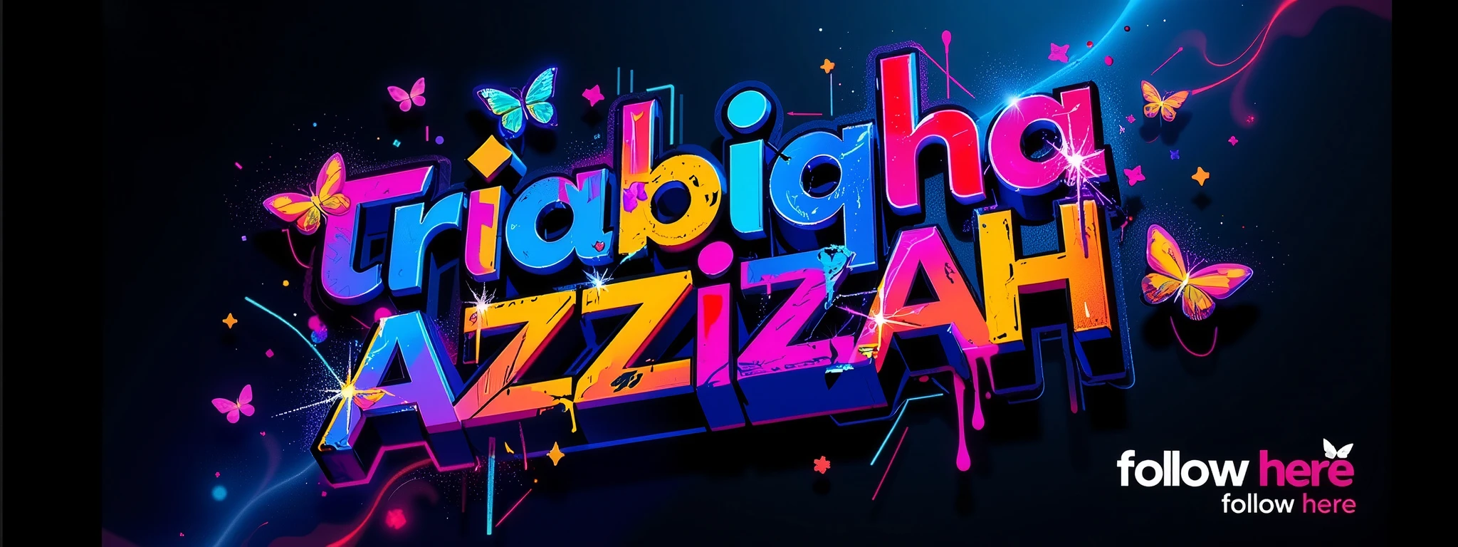 a detailed logo of the beautiful graffity text " Triabiqha Azzizah" And small display name at bottom right side written " follow here ", highly detailed,3d logo much butterfly flowers stardust rainbow ,dynamic,dramatic lighting,vibrant glowing colors in the dark,intricate design,strong contrast,bold typography,rainbow aesthetic,dynamic motion blur,photorealistic,cinematic. Watermark "follow here" At botom right side .