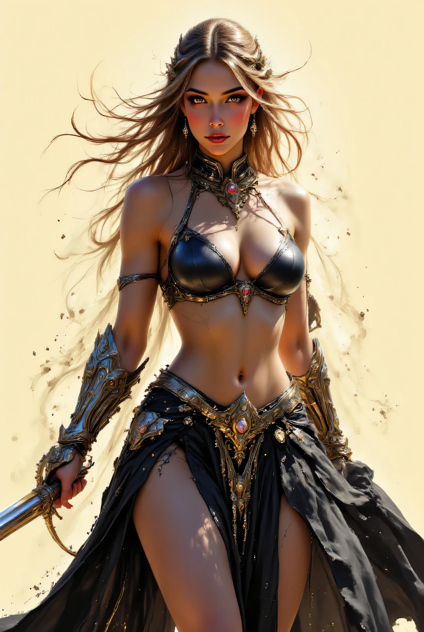 DarkDisciple,,This vibrant scene depicts a powerful female warrior ready for battle. The simple cream-colored backdrop showcases her muscular build, suggesting strength and determination. She is adorned with flowing black fabric. Dramatic lighting creates a striking contrast on her body, emphasizing the character and texture of her costume. Her sharp gaze conveys focus, while her pose suggests readiness. This artwork showcases a blend of realism and stylized painting techniques, evoking a graphic novel aesthetic. Influences from classical mythology are evident in the warrior theme, fusing heroic tales with modern art. Overall, the composition emphasizes strength, emphasizing the play of light and shadow, evoking a sense of urgency and courage.