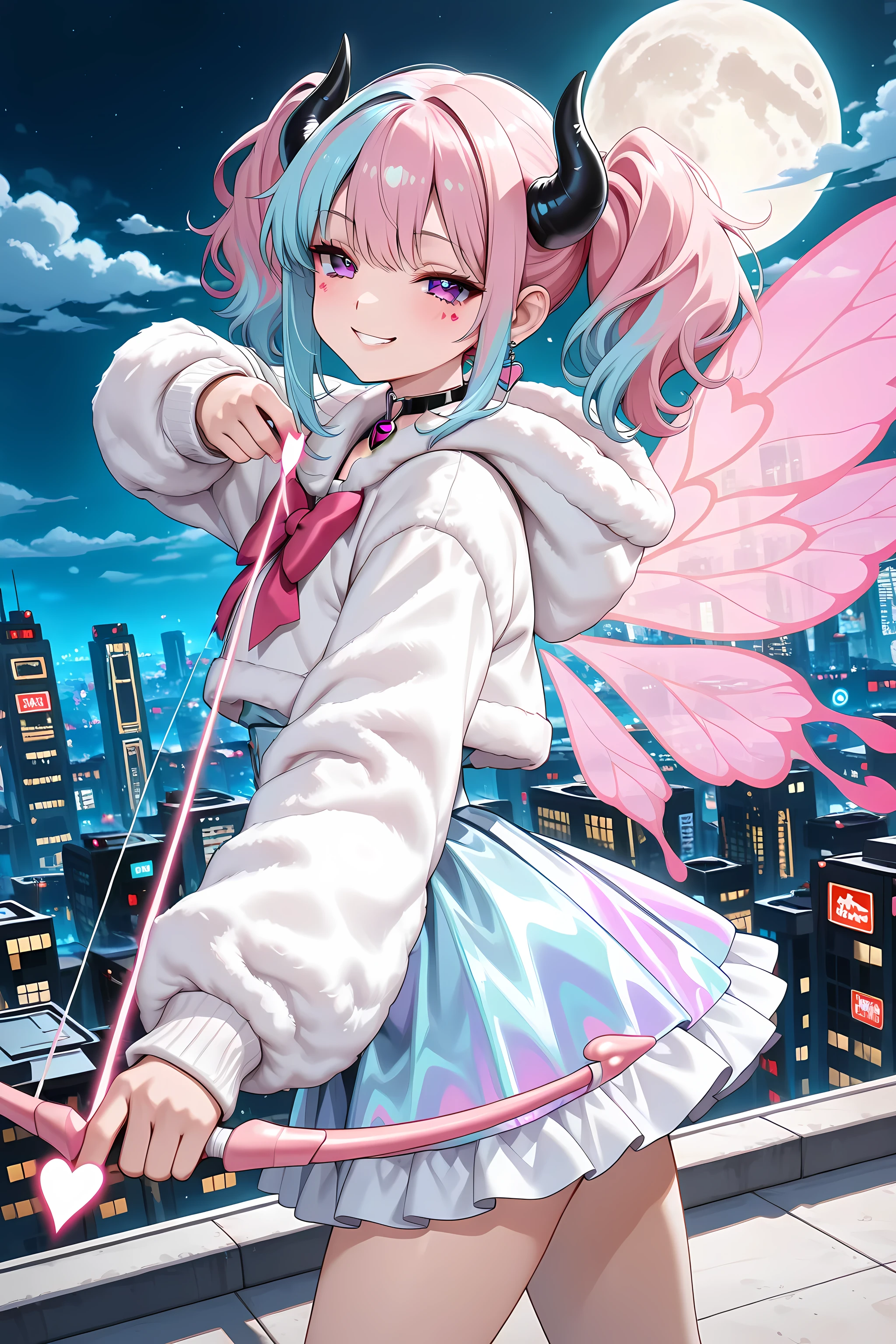 masterpiece, best quality, highly detailed, 8k wallpaper,

1girl, solo, cute demon girl bounty hunter, hunting hearts,

(purple eyes:1.2), (two-tone hair:1.3), (pink hair:1.2), (light blue hair:1.2), twin tails, long twin tails, (black horns:1.2), (heart charm choker:1.1),

looking at target, focused eyes, aiming expression, concentrated look, alluring expression, seductive smile, confident pose, side view,

(holding bow with left hand:1.4), (pulling bowstring with right hand:1.4), (proper archery form:1.3), both hands on bow, bow and arrow, (drawing bow:1.3), aiming pose, magical bow, holographic arrow, glowing arrow, ethereal weapon, cupid's bow, fantasy bow and arrow, magical effects,

(translucent wings:1.3), (ethereal demon wings:1.2), iridescent wings, glowing wings, fantasy wings,

cyberpunk style, futuristic outfit, cute frilly dress, short skirt, knee-high length, fluffy costume, pastel cyber fashion, neon accents on clothes, tech accessories,

standing on rooftop, high-rise building rooftop, night cityscape background, misty night, foggy atmosphere, full moon, moonlight, neon lights in distance, cyberpunk city skyline, atmospheric lighting,

thigh-up shot, dynamic angle, cinematic composition