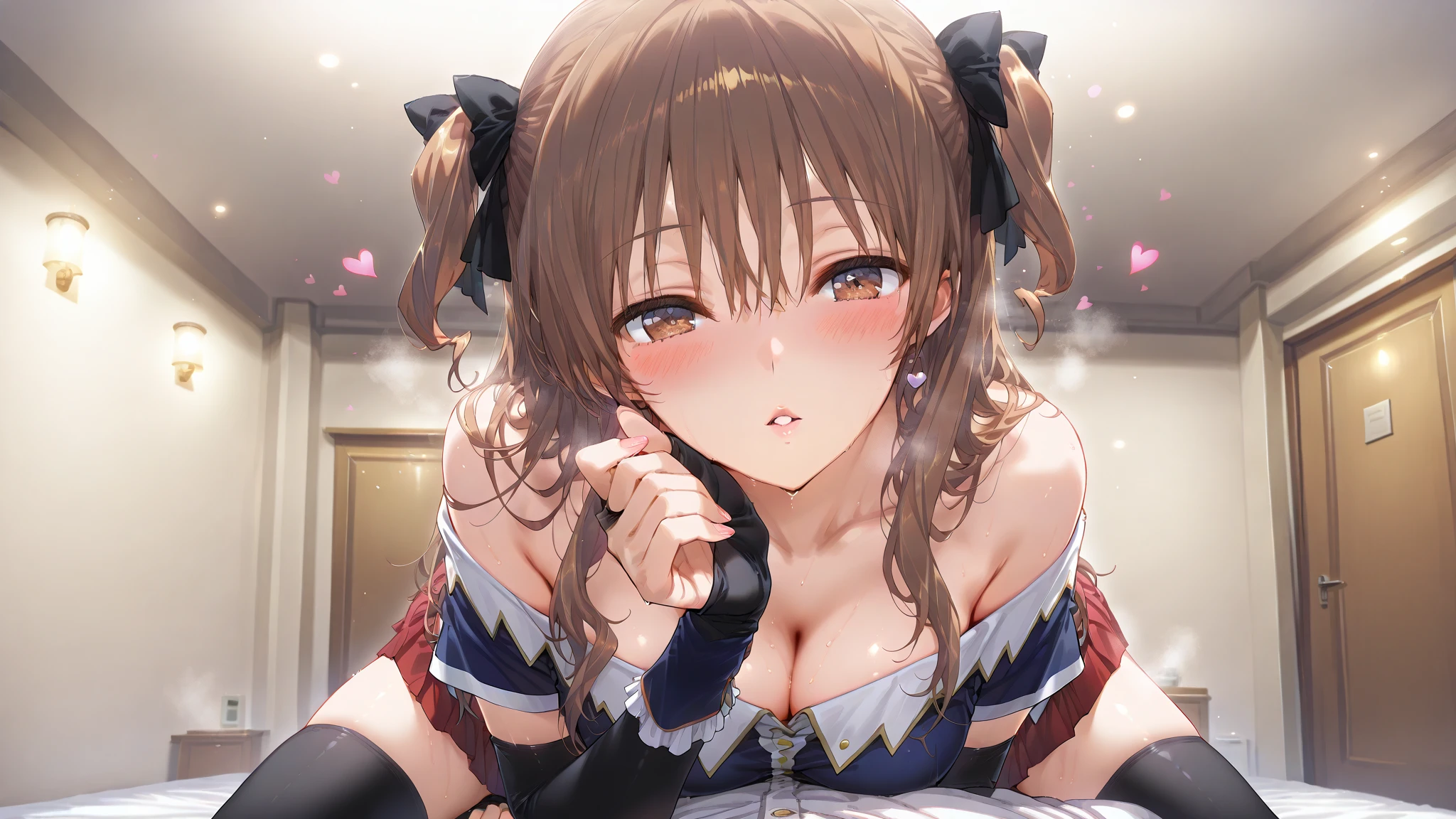 SoraBase, long hair, star hair ornament, hair ribbon, blue eyes, blue vest, sleeveless shirt, red ribbon, navel, wrist cuffs, blue skirt, blue thighhighs, thigh ribbon, waist cape,aged up,,,,(masterpiece),(best quality),(ultra-detailed),(best illustration),(best shadow),(absurdres),(detailed background),(very aesthetic),1girl,dim lightning,in bedroom,,,looking at viewer,,,heavy breath,shiny skin,sweat,,,,looking at viewer,,,cleavage,skirt lift,,(,crawling),leash,collar,(leash pull,viewer holding leash),from above,, teary-eyed, , half-closed eyes,shy smile,( in mouth),torn thighhighs,