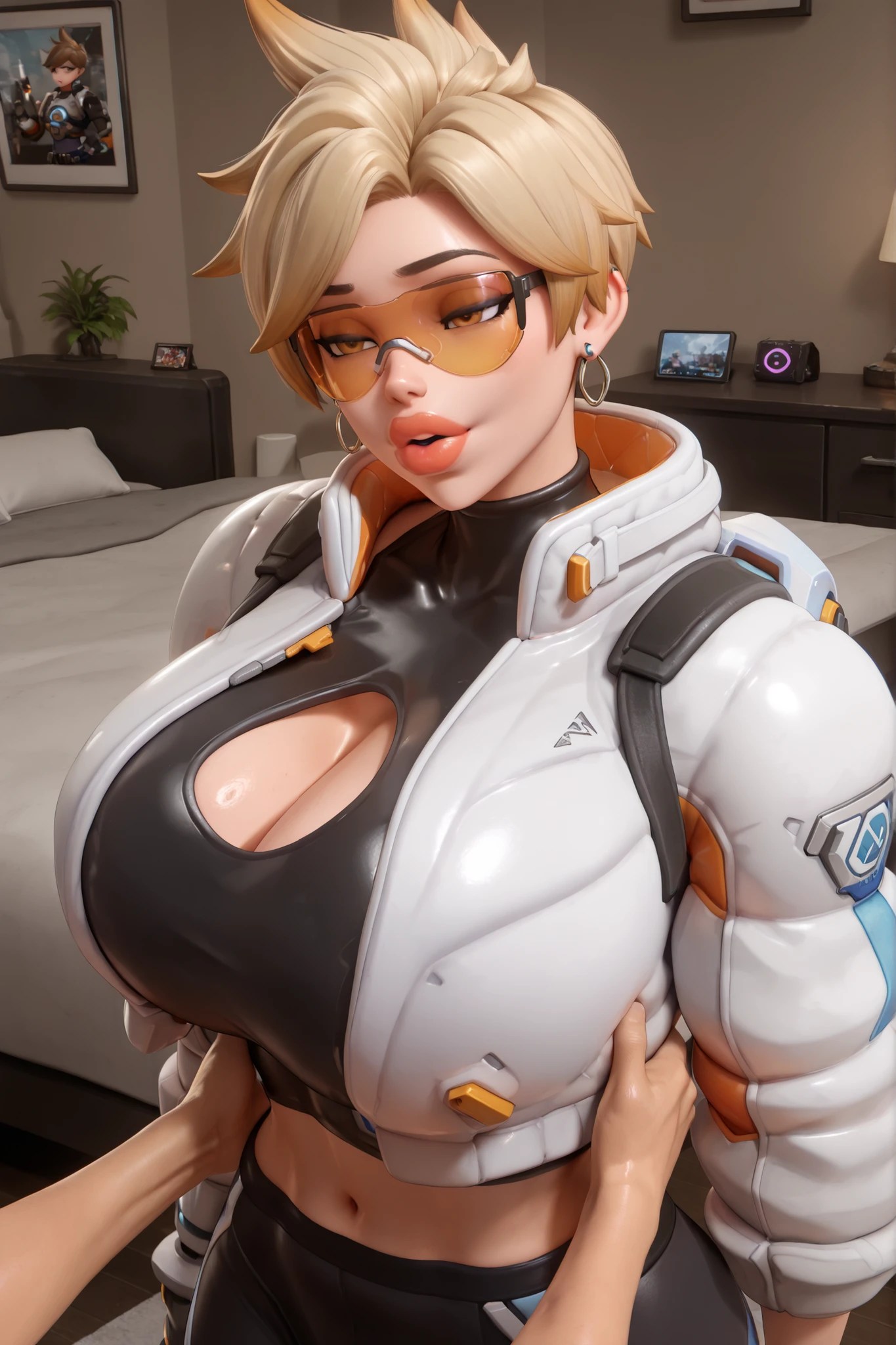 owtracer, le sserafim tracer, blonde hair, spiky hair, organge glasses, earrings, crop top, cleavage cutout, puffy jacket, cropped jacket, leggings, 1girl, gigantic breasts, gigantic thighs, masterpiece, best quality, closeup, bedroom, 3D style, 3D, blender, ((massive lips)), parted lips, bimbo lips, drooing, lidded eyes, airhead, midriff, back view, 1boy, young boy, boyfriend, hand on another's waist, female larger than male