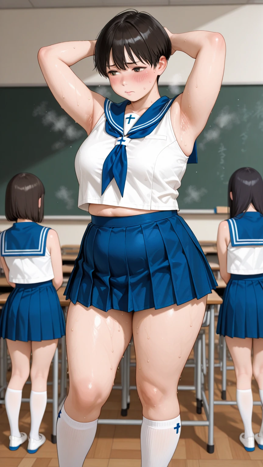 　female　Sweat　School classroom　Peeing　The whole body is visible　３people