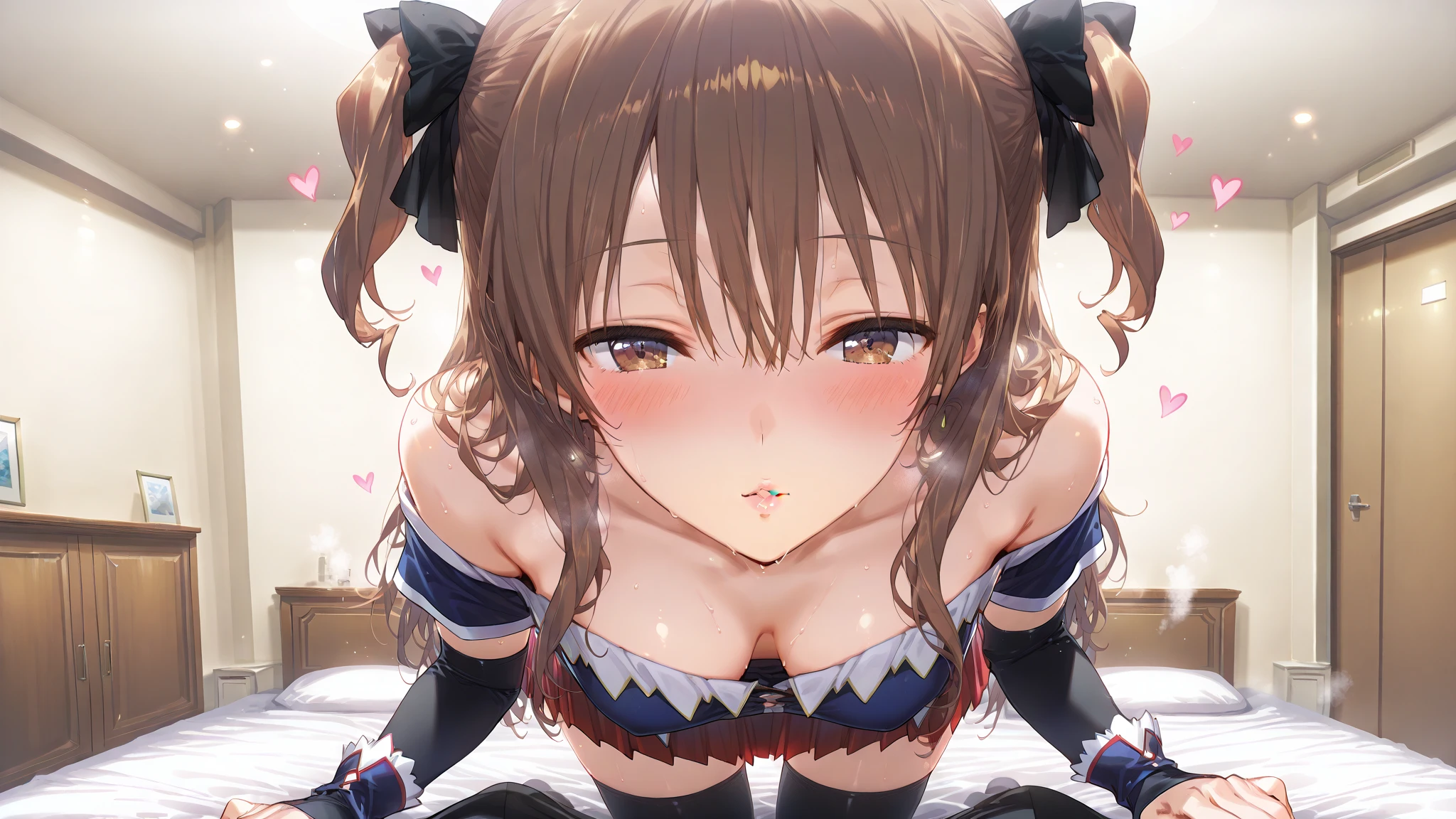 , blonde)、((black maid outfit))、double、long eyelashes 、(luxury hotel、on the bed)、 (best quality,high resolution, realistic, highres, 1girl ) ,slender body, ,,,sweat,saliva,,large breasts, in ,(girl trembling with )、sweating、back bridging、(((heart pupil)))、opening a big mouth、sticking out tongue、、 are being pulled、My  are pinched、(swaying violently)、