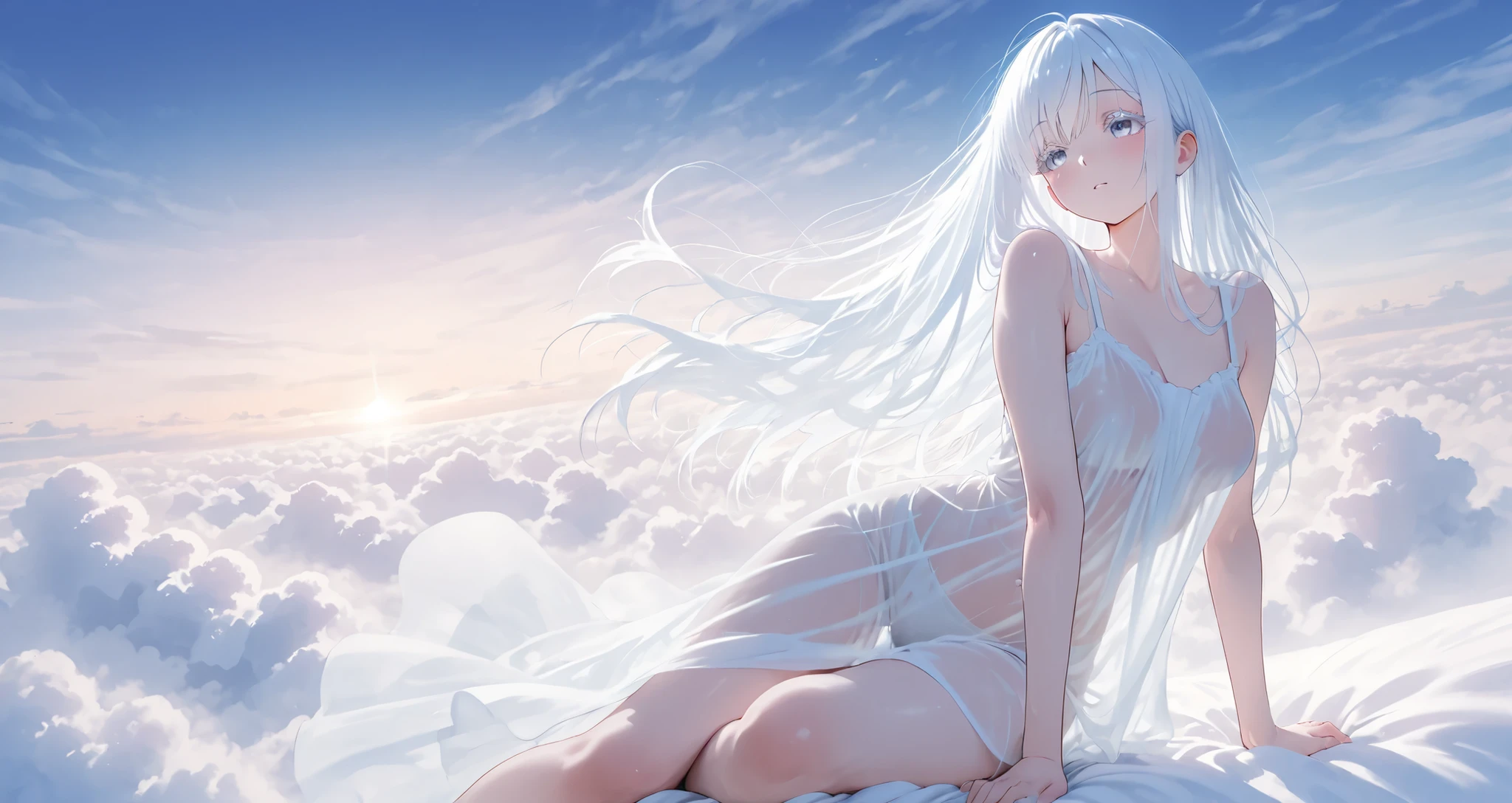aria, white hair, white eyelashes, see through clothing, dreamy atmosphere, sitting on top of the clouds
