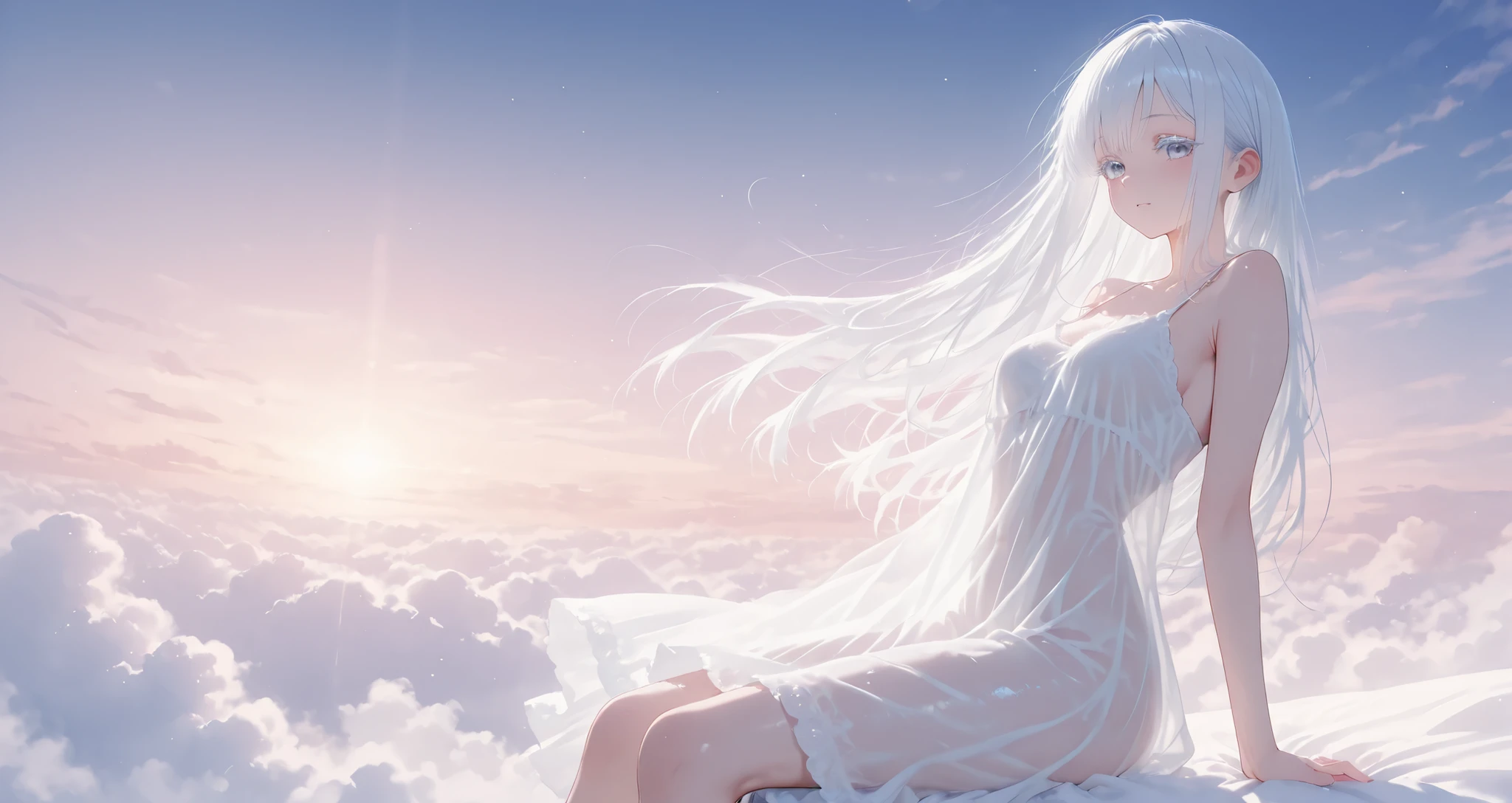 aria, white hair, white eyelashes, see through clothing, dreamy atmosphere, sitting on top of the clouds