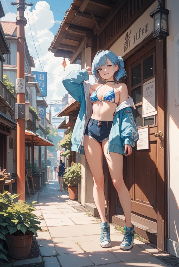 Girl in white  and , a lot of girls in  walking, anime girl, lively town, fantasy worldview, anime, right eyes, drawn eyes, right feet, right ankles, detailed drawing, masterpiece, girl ,