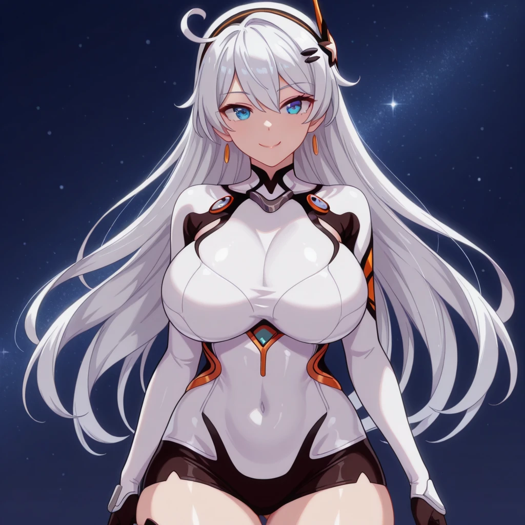 1girl, dark-skinned female, dark skin, white hair, long hair, large breasts, wide hips, yellow eyes, smile, smirk, smug, bodysuit, black bodysuit, white trim, sleeveless, black pantyhose, pantyhose, white neon trim, neon trim, shoes, sneakers