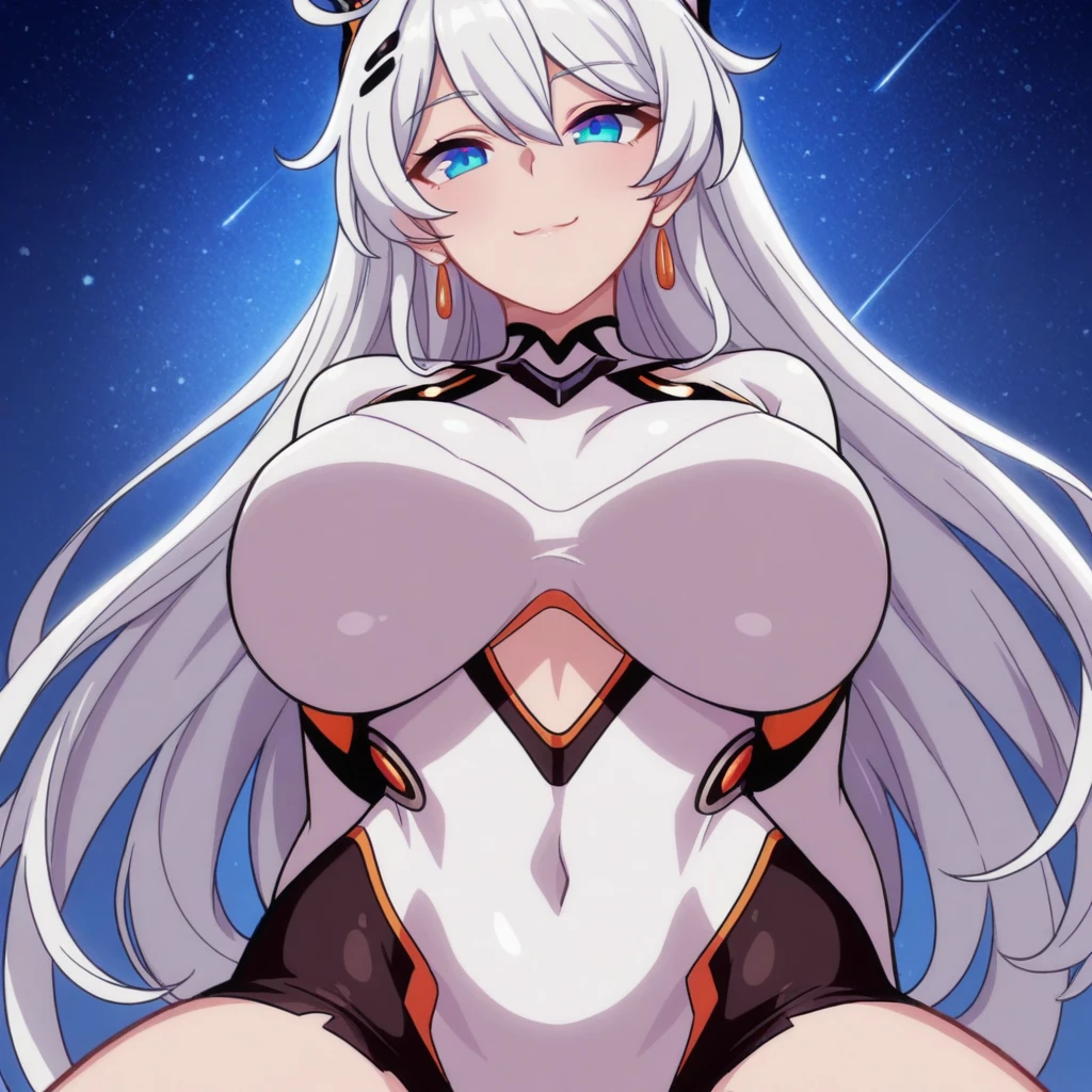 1girl, white hair, long hair, dark-skinned female, dark skin, yellow eyes, ???????, ????????????, bowtie, wide ????, thick thighs, fishnets, bunnysuit, leotard, white bunnysuit, shy, timid, wavy mouth, ponytail, yellow trim, fishnet, fishnet legwear, gold trim