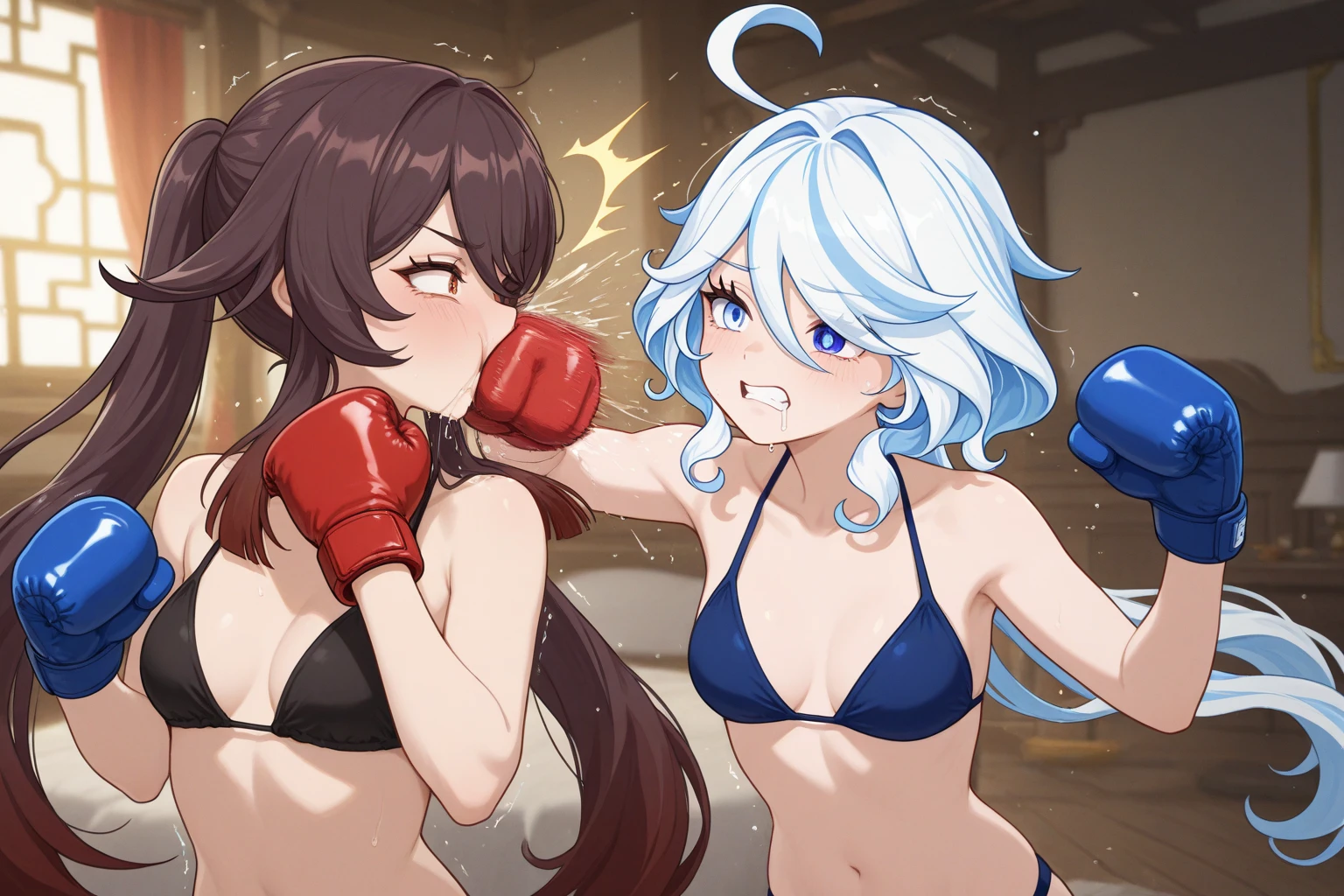 score_9, score_8_up, score_7_up, score_6_up BREAK score_9, score_8_up, score_7_up, score_6_up,2girls,outdoors,sunlight,swimming pool,partially submerged,happy,splashing,toned,tan,bikini,dynamic pose,
BREAK makoto nanaya,blazblue,squirrel tail,ahoge,two-tone hair,brown eyes,
BREAK  <lora:Bullet_BB:0.8> bulletbb, dark skin, scar on face,large breasts,short hair