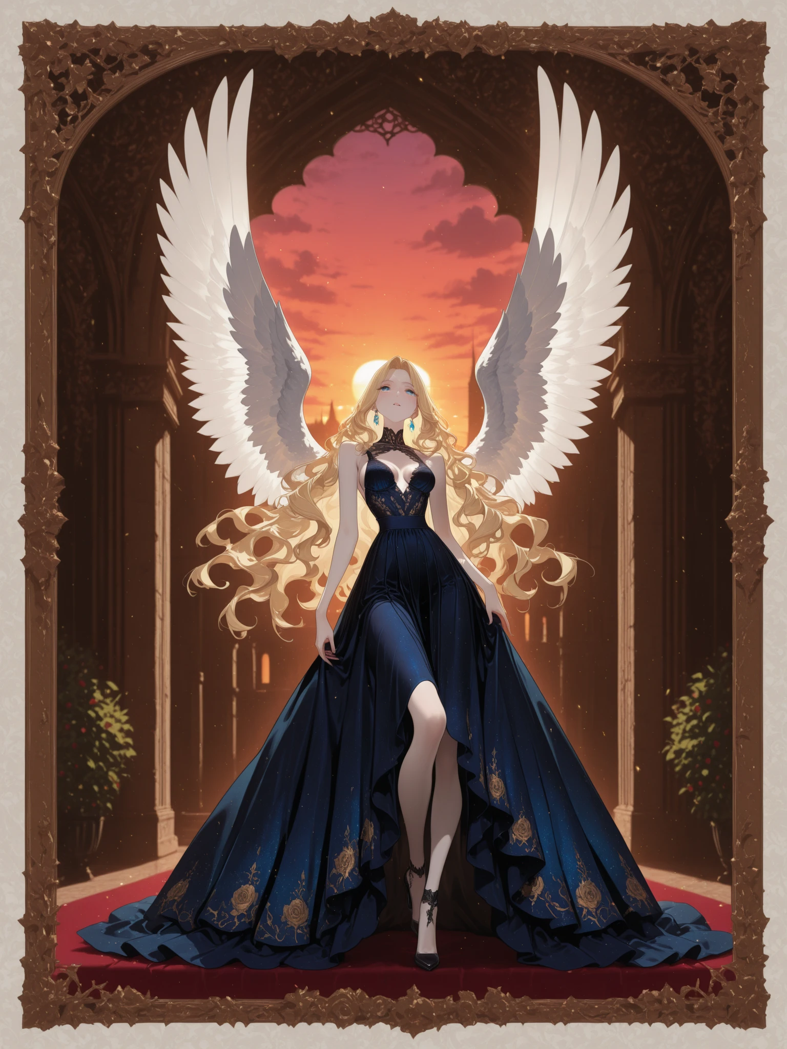 Arafed, a picture of a female angel in high society prom event, divine beautiful female angel, blond hair, long hair, flowing hair, the hair glows in a soft light, cerulean eyes, deep light eyes, divine beautiful face, folded white feather wings, she wears a ((red evening dress: 1.2)), elegant, intricate detailed dress, silk dress, she wears elegant knee high heeled boots, exquisite high heeled boots, she stands on the porch of a fantasy castle, dynamic angle, soft torch light, (Masterpiece: 1.5), 16k, highres, best quality, high details, ultra detailed, masterpiece, best quality, (extremely detailed), AngelStyle, GlowingRunesAI_paleblue, angel_wings
