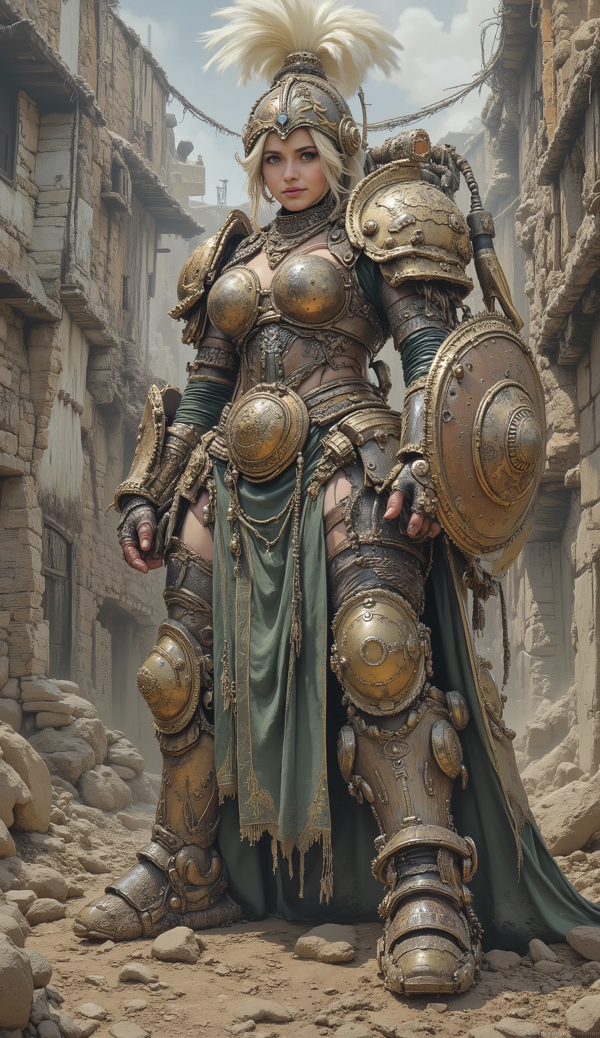 A formidable female 'Boss' stands guard in the heart of what should clearly be a quaint, unassuming beginner's village. However, under her iron rule, the village has taken on an ominous, 'final dungeon' atmosphere.
She is dressed in ridiculously oversized, slightly impractical but intimidating armor, perhaps cobbled together from village resources (e.g., a polished wooden shield that looks like a high-level boss shield, a farming hoe reforged into a menacing polearm, or a helmet adorned with menacing chicken feathers). Her expression is one of exaggerated, almost comically severe sternness and unwavering authority, glaring down at unseen (or tiny, terrified) 'newbie' adventurers.