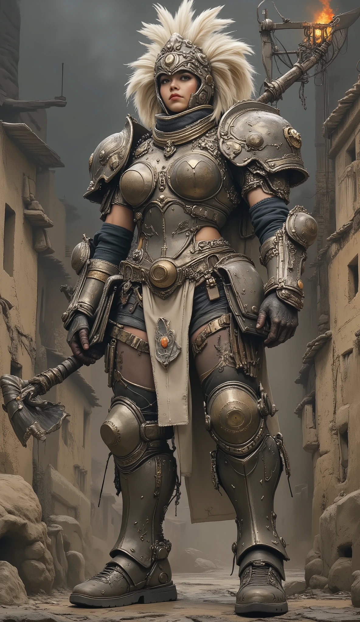 A formidable female 'Boss' stands guard in the heart of what should clearly be a quaint, unassuming beginner's village. However, under her iron rule, the village has taken on an ominous, 'final dungeon' atmosphere.
She is dressed in ridiculously oversized, slightly impractical but intimidating armor, perhaps cobbled together from village resources (e.g., a polished wooden shield that looks like a high-level boss shield, a farming hoe reforged into a menacing polearm, or a helmet adorned with menacing chicken feathers). Her expression is one of exaggerated, almost comically severe sternness and unwavering authority, glaring down at unseen (or tiny, terrified) 'newbie' adventurers.