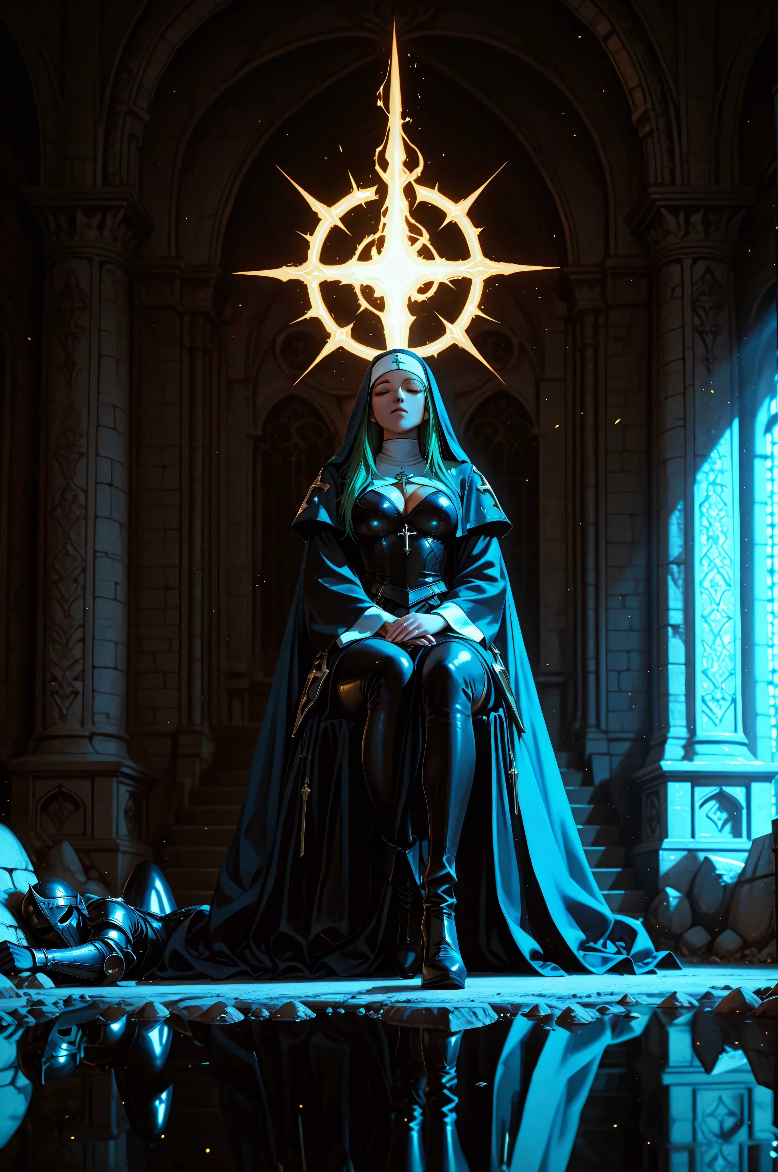 aidmaMJ6.1,masterpiece, best quality, very aesthetic, absurdres,  full body shot of a nun making an exorcism on a sleeping, fantasy portrait  art, dnd art, RPG art, wide shot,  intense details, highly detailed, photorealistic, best quality, highres,  intense details facial details, exquisite beauty, fantasy nun,  long hair,  green eyes, casting yellow radiant spell, wearing heavy black and white armor, small cleavage, wearing high heeled boots, wearing an blue cloak, wearing glowing holy symbol, within fantasy temple background, reflection light, high details, best quality, 16k, [ultra detailed], masterpiece, best quality, (extremely detailed), close up, ultra wide shot, photorealistic, RAW, fantasy art, dnd art, fantasy art, realistic art,((best quality)), ((masterpiece)), (detailed), perfect face, art by mooncryptowow