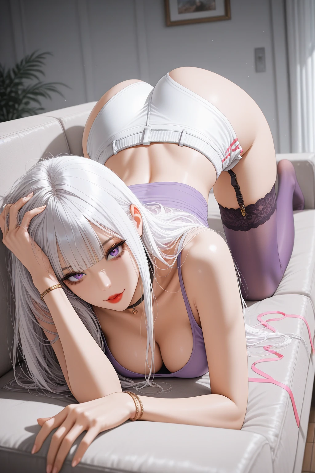 highest quality, Super detailed　A 16K masterpiece　Anatomically correct and accurate　detailed face　My cheeks are red　fine eyes　???? expression　M-shaped ???????????　woman　Multi-colored wide leg regini　Spread your ????????? and ??? a lot　Transparent Costume　Estrus　Excited and sweaty　dark pubic hair　pink hair　On a dimly lit bed　??????? face　lots of drool　detailed ???????　Filmed with a focus on ?????　detailed ??????　?????????? overflows from the ??????