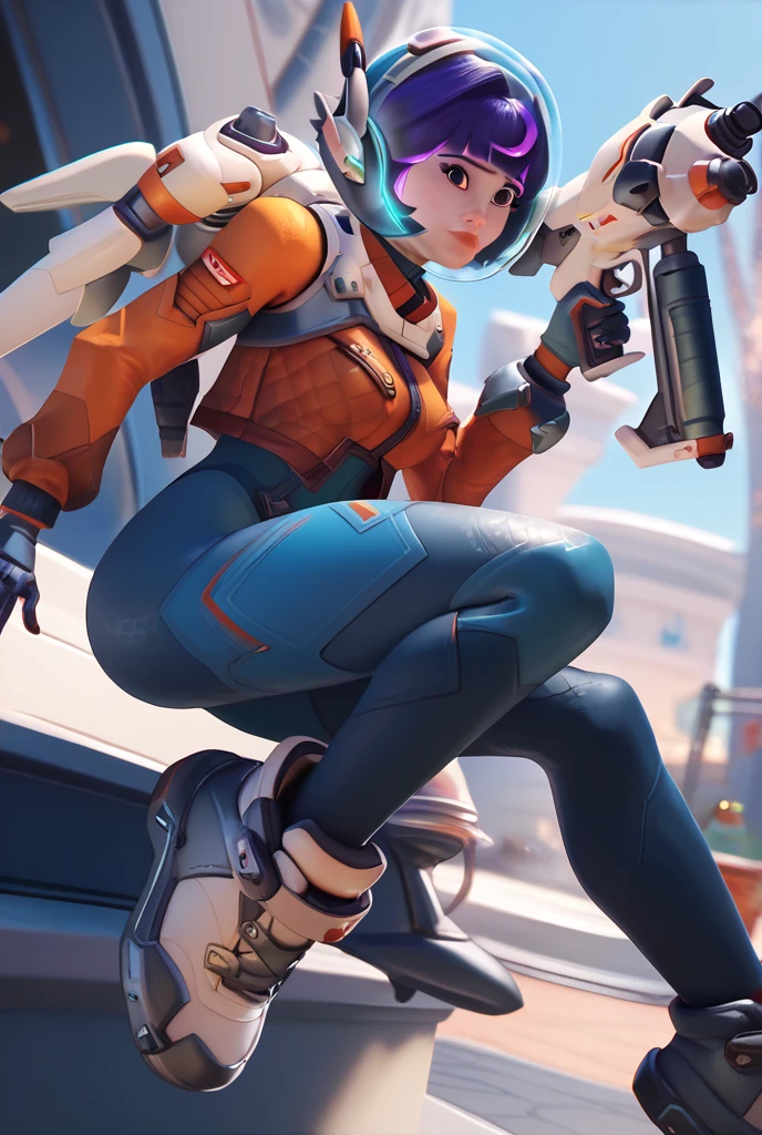 Cinematic scene, hero view, Tracer, Overwatch <lora:tracer_xl_v1:1>, action pose, detailed background, masterpiece, best quality, high quality, highres, absurdres, detailed skin texture, (blush:0.5), (goosebumps:0.5), subsurface scattering