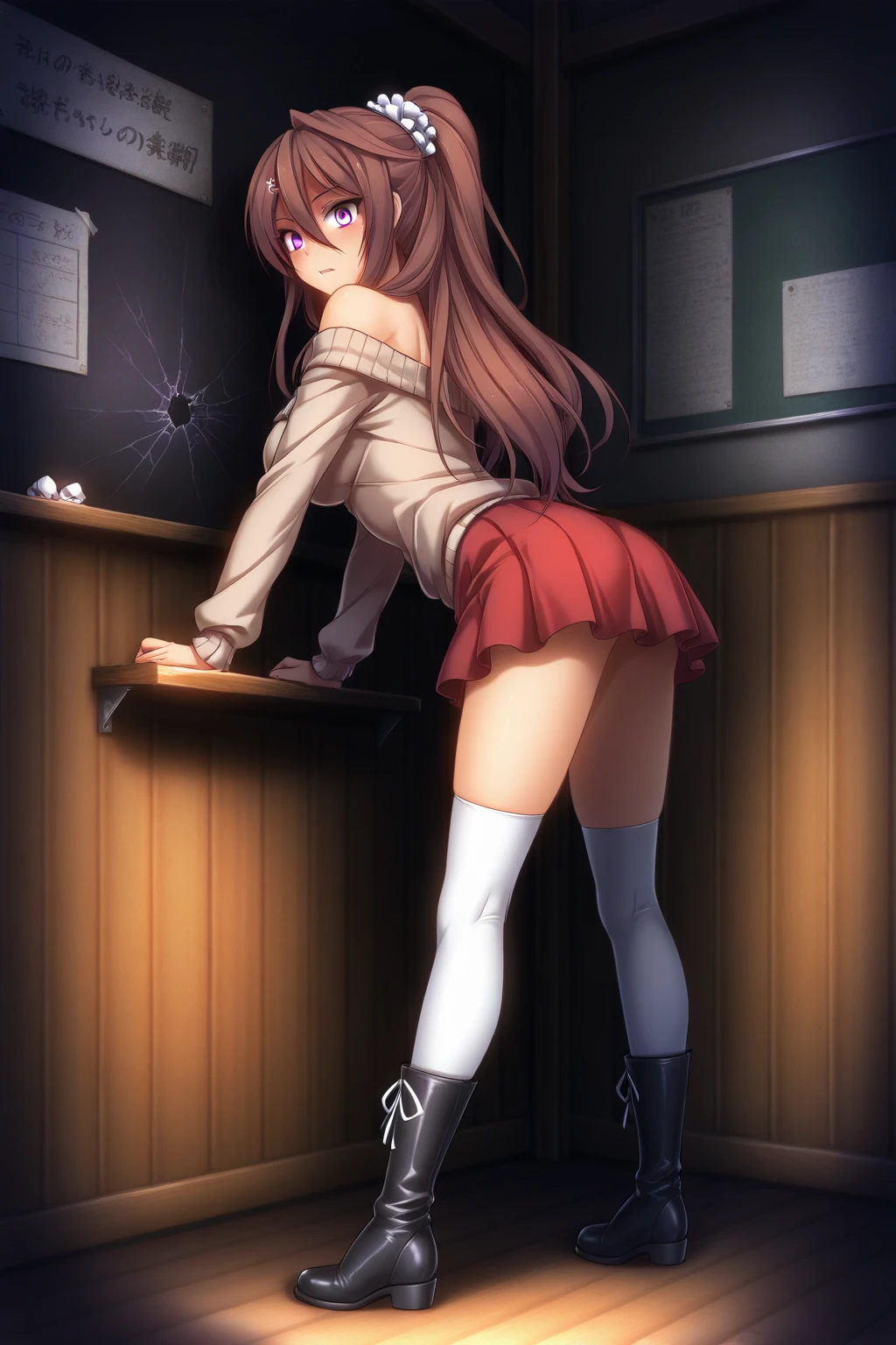 highest quality、one girl，15 years old、high school student、full body figure、very big boobs，big ，perfect 5-fingered hands、Shiranui Mizuki、Water City does not know fire、shy face、perfect thing、big breasts、two perfect arms、two perfect legs、detailed description、small details、detailed face、white skin、Voluptuous legs、erotic pose、long hair、 green shirt, serafuku, white neckerchief, long sleeves, pleated skirt, black skirt, black thighhighs, loafers、school uniform、uniform、mini skirt、black panties、Black Panties、Skirt flip、lift skirt、turn around、look back、Pose that emphasizes the buttocks、stage