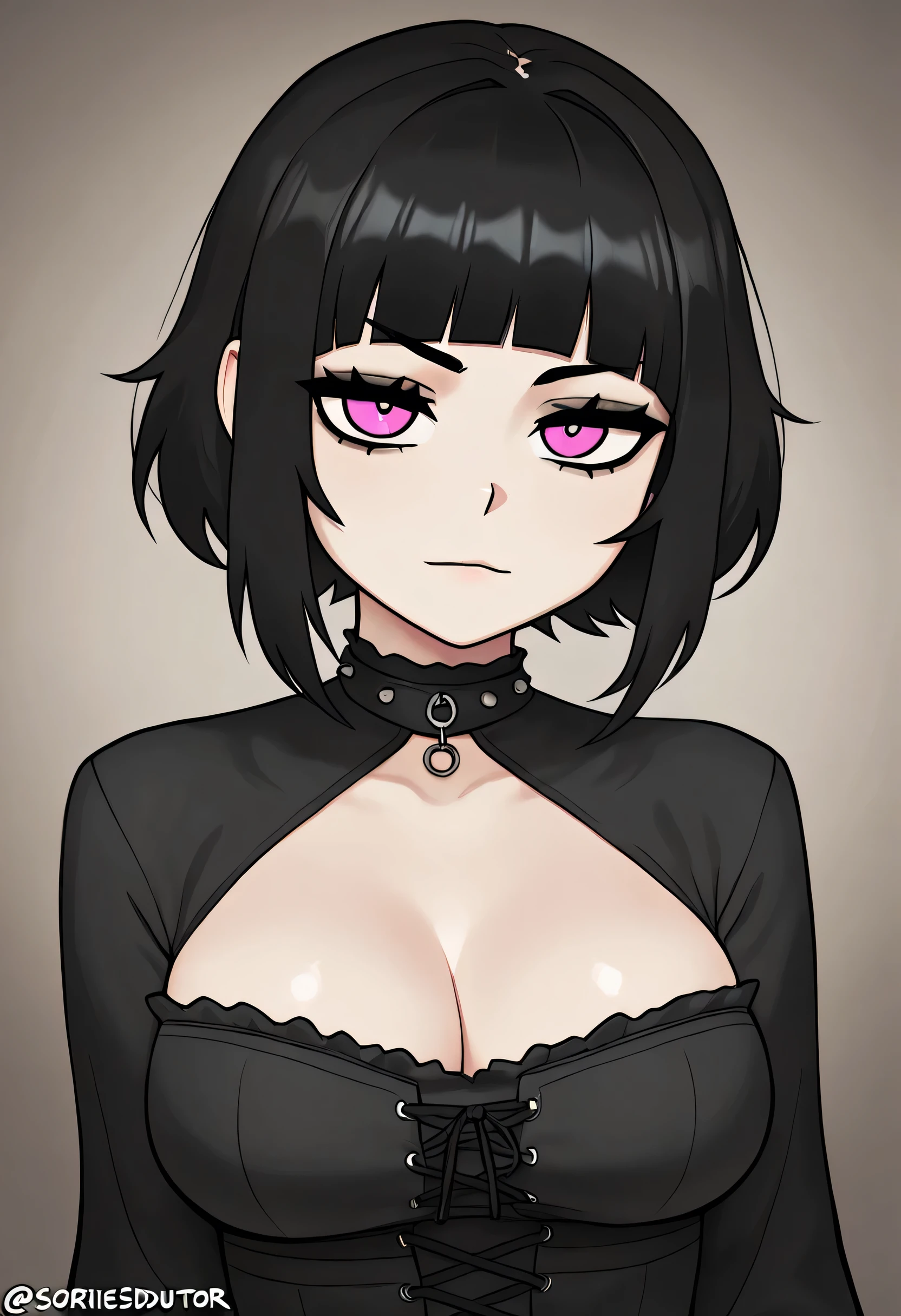 pretty girl with black hair with bangs , olhos cor vermelho, ( sorrindo, olhar sedutor, Gothic, biquini, , nua