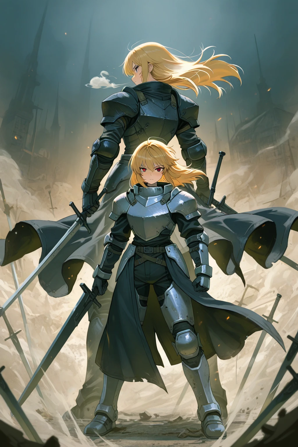 (((Solo)))、Highest quality, Best Quality、8K、(Full body character concept、detailed)、(((Gray simple armor、Black trousers、Black gloves))、(woman、18-year-old)、(Blonde、Long Hair)、(((kill、Grab the sword)))、(Glowing light background)、(Fighting stance, battle)、Dramatic Angle、(Blue and yellow aura)、(From the side、profile)