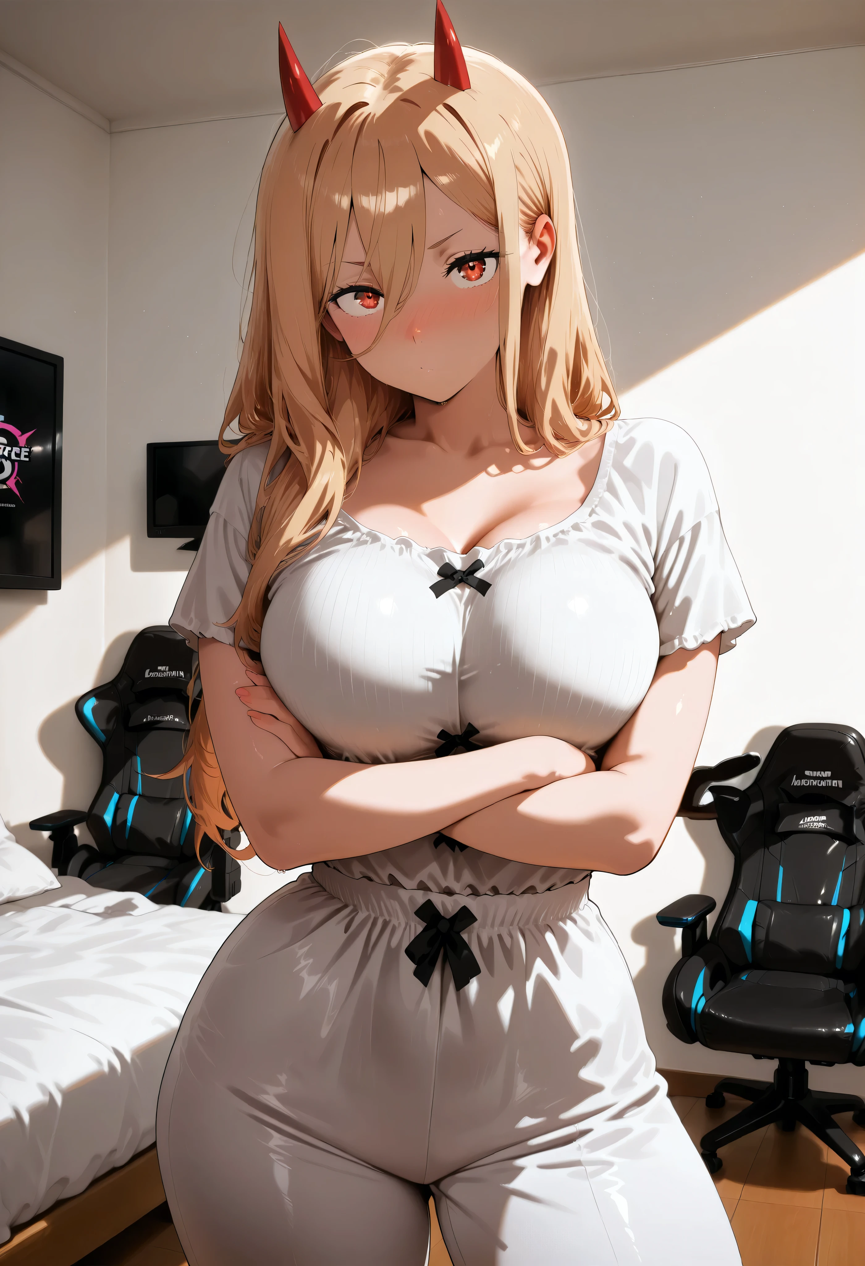 score_9, score_8_up, score_7_up, score_6_up, score_5_up, score_4_up, masterpiece, high quality, shiny skin, shiny hair, shiny body, clear body, large breasts, nose blush, nice legs, standing, nice legs, posing, SFW, looking at viewer, thick thigh, thick thighs, nice face, large breasts, solo, bedroom, posing, pose, contrapposto, detailed bedroom, bed, gaming chair, gaming pc, pants, pants, fully pants, ht_pajamas,laces, crossed arms, 1girl,1girl, p0w3r0x1, long hair, blonde hair, red horns,demon pupils
