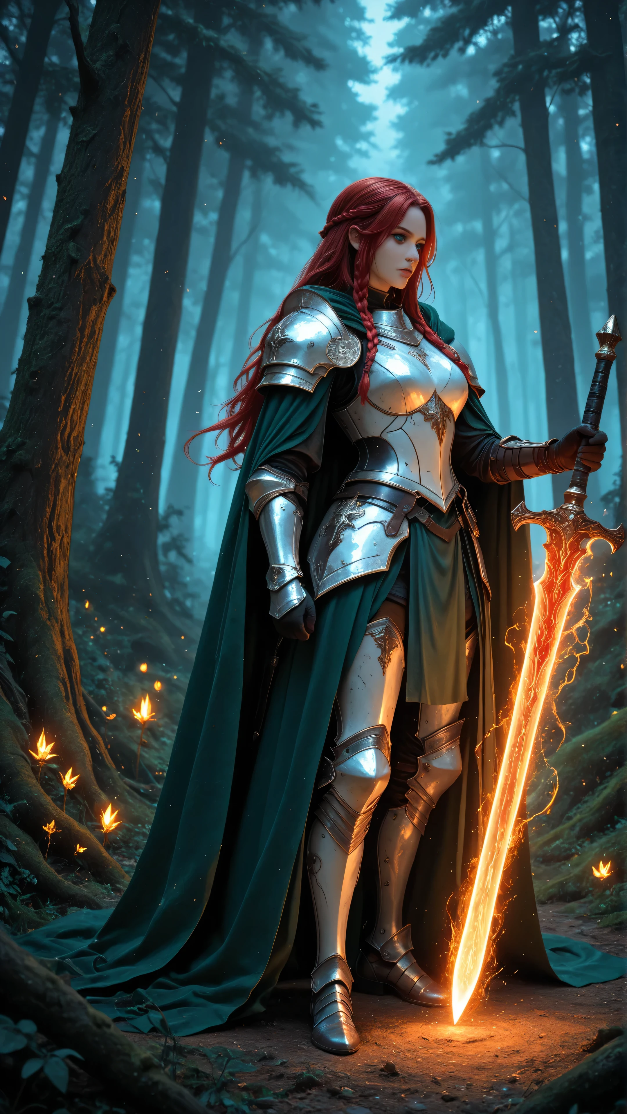 aidmaMJ6.1,masterpiece, best quality, very aesthetic, absurdres,a picture of woman paladin of nature protecting the forest, controlling magical plants, woman holy knight, protector of nature, red hair, long hair, full body, ultra detailed face, red hair, long hair, braided hair, pale skin, blue eyes, intense eyes, wearying heavy armor, white armor, green cloak, flowing cloak, armed with a sword, glowing sword, fantasy forest background, D&D art, RPG art, magical atmosphere magic-fantasy-forest, ultra best realistic, best details, best quality, 16k, [ultra detailed], masterpiece, best quality, (extremely detailed), ultra wide shot, photorealism, depth of field, hyper realistic painting, Cinematic Shot, runesword
