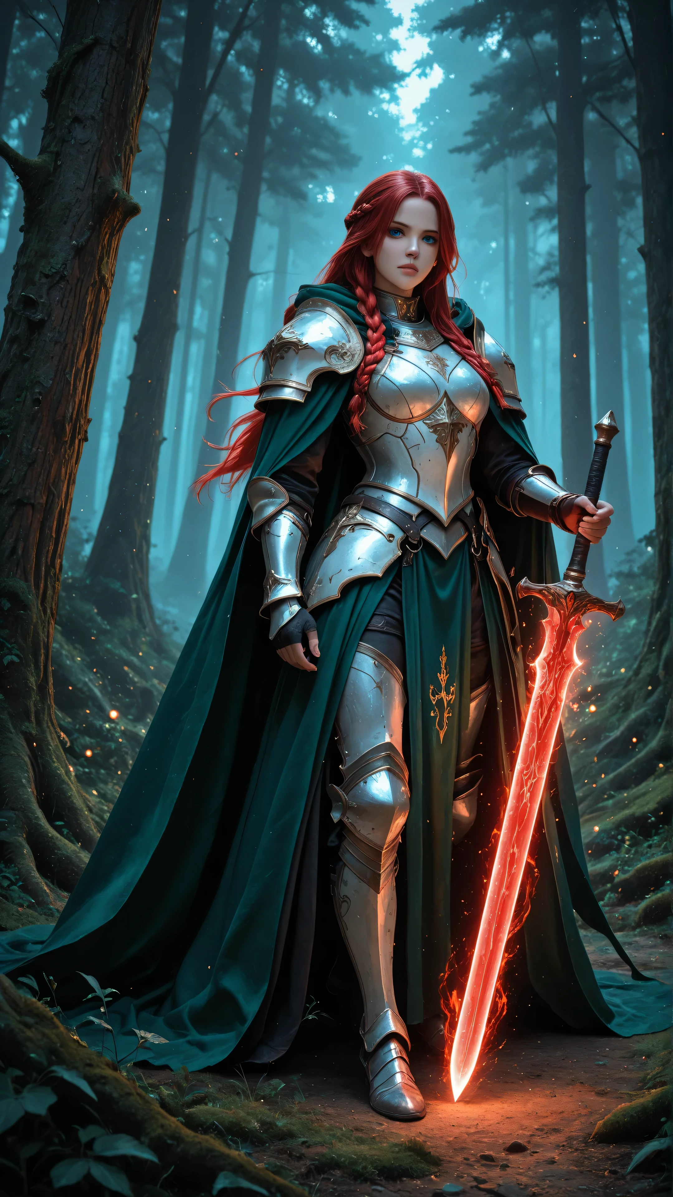 aidmaMJ6.1,masterpiece, best quality, very aesthetic, absurdres,a picture of woman paladin of nature protecting the forest, controlling magical plants, woman holy knight, protector of nature, red hair, long hair, full body, ultra detailed face, red hair, long hair, braided hair, pale skin, blue eyes, intense eyes, wearying heavy armor, white armor, green cloak, flowing cloak, armed with a sword, glowing sword, fantasy forest background, D&D art, RPG art, magical atmosphere magic-fantasy-forest, ultra best realistic, best details, best quality, 16k, [ultra detailed], masterpiece, best quality, (extremely detailed), ultra wide shot, photorealism, depth of field, hyper realistic painting, Cinematic Shot, runesword