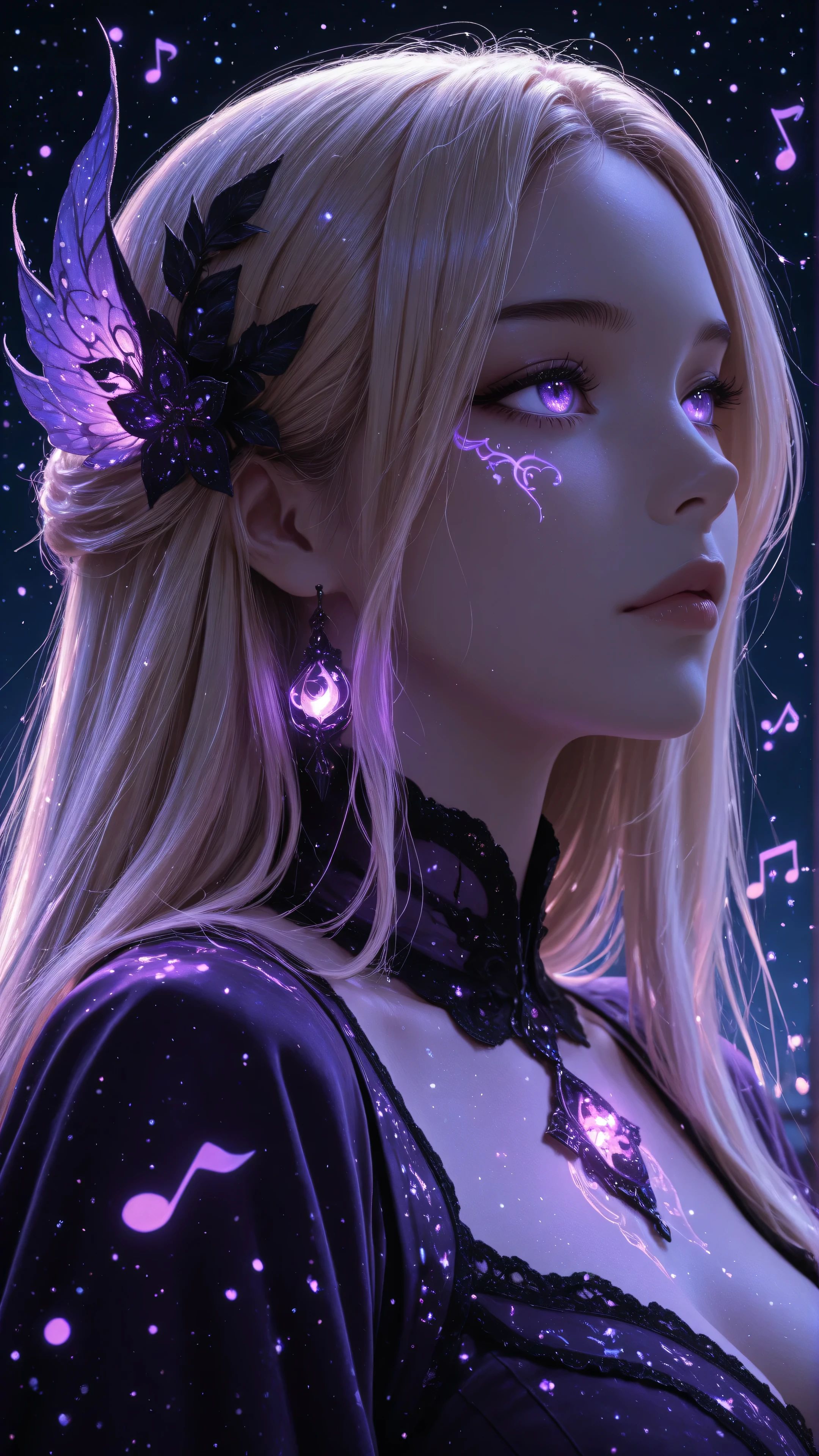 aidmaMJ6.1,masterpiece, best quality, very aesthetic, absurdres,a portrait of an beautiful woman looking to the sky at there are magical notes in the night sky, an extraordinary beautiful woman, there is magic in her eyes she hears magical music, blond hair, dynamic hair style, wearing an intricate dark purple dress decorated with glowing musical notes, she looks to the night sky seeing the ((glowing magical notes in the sky)), vibrant, Ultra-high resolution, High Contrast, (masterpiece), highest quality, Best aesthetics), best details, best quality, highres, 16k, [ultra detailed], masterpiece, best quality, (extremely detailed), zavy-ctcmcs