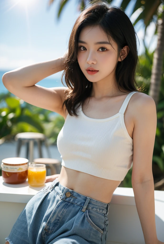 Best quality，Ultra-high resolution，（lifelike：1.4），Cute hairpin，1girll，Long curly hair，jk，Blush，Slim beauty：1.4，Visible abdominal muscles，on the beach，Ultra-fine face，Exquisite eyes，Double eyelids，necklace