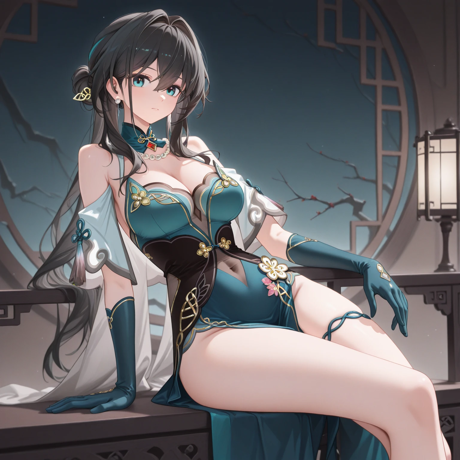 Top quality，Optimal resolution，Princess of an exotic fantasy world，(Wet Princess Dress），Design intricate clothes，blue eyes，Elegant and attractive，((temple，pool，Mist)，Leg ring，Anklets，night，Small Lighting，Glamorous pose，elaborately designed clothes，Beautifully decorated，Water Lily，Garter