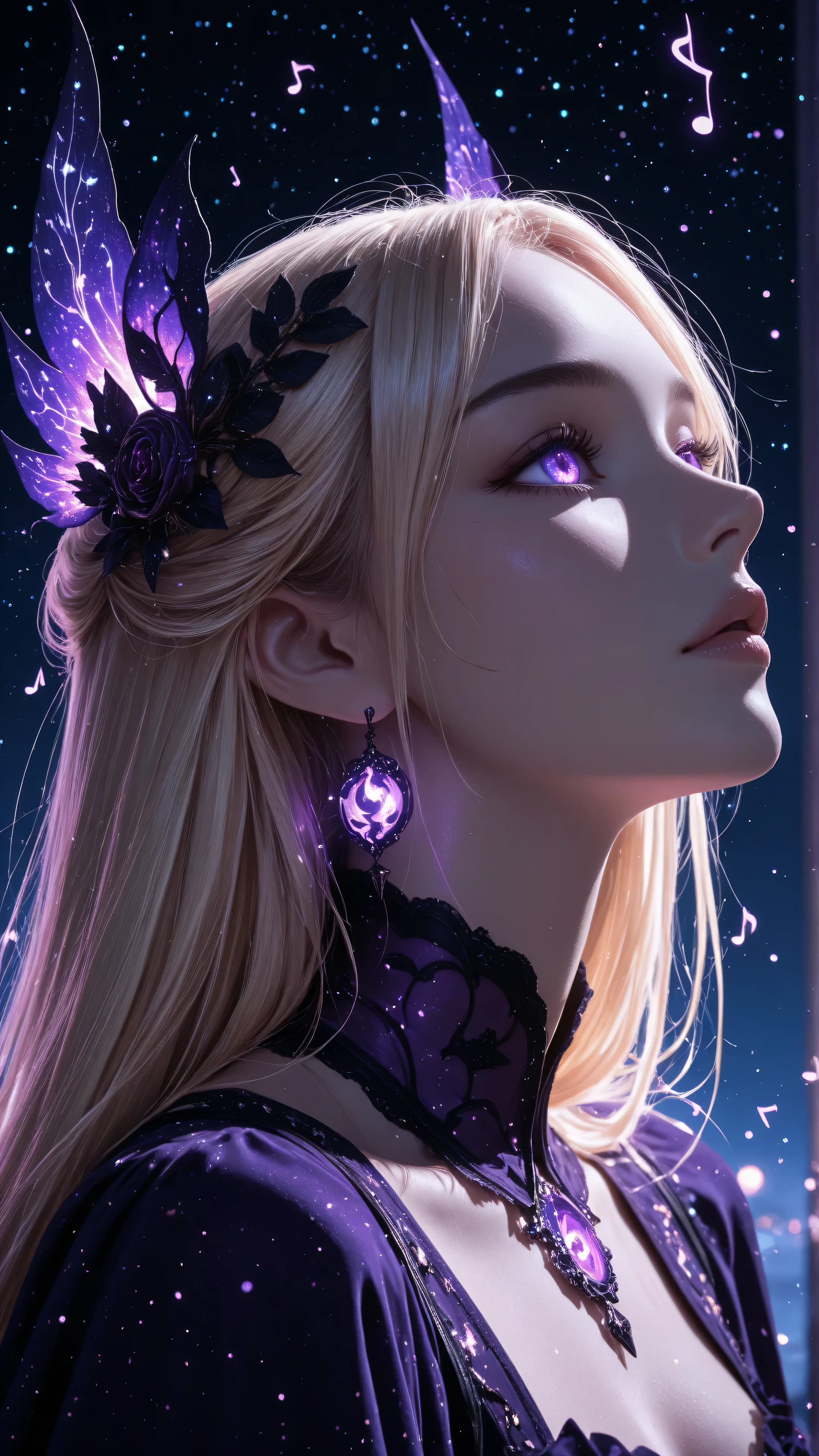 aidmaMJ6.1,masterpiece, best quality, very aesthetic, absurdres,a portrait of an beautiful woman looking to the sky at there are magical notes in the night sky, an extraordinary beautiful woman, there is magic in her eyes she hears magical music, blond hair, dynamic hair style, wearing an intricate dark purple dress decorated with glowing musical notes, she looks to the night sky seeing the ((glowing magical notes in the sky)), vibrant, Ultra-high resolution, High Contrast, (masterpiece), highest quality, Best aesthetics), best details, best quality, highres, 16k, [ultra detailed], masterpiece, best quality, (extremely detailed), zavy-ctcmcs