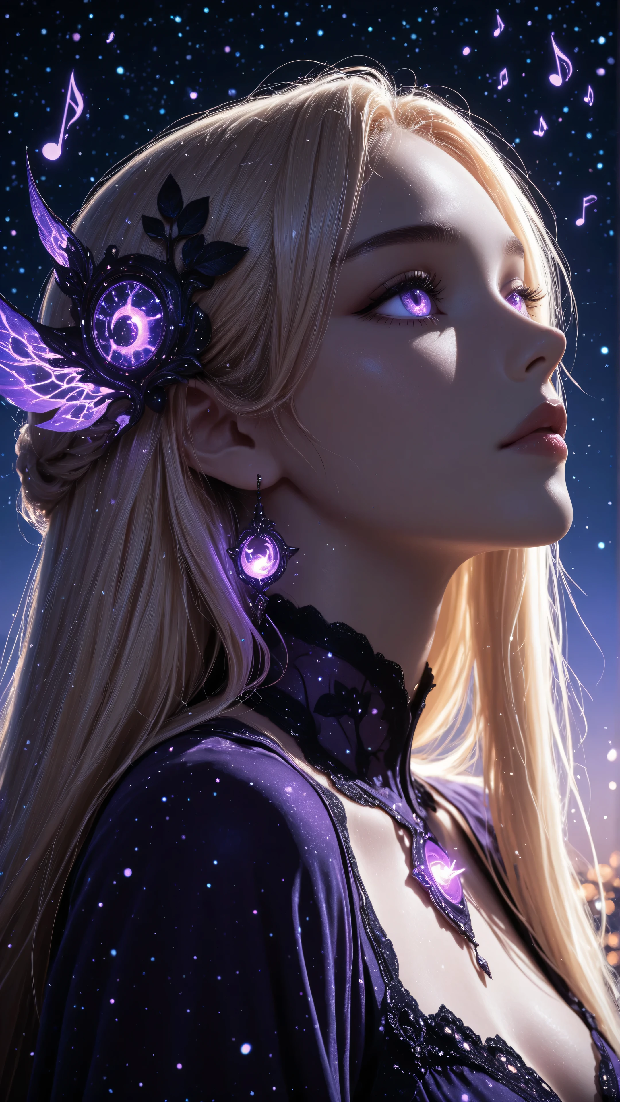 aidmaMJ6.1,masterpiece, best quality, very aesthetic, absurdres,a portrait of an beautiful woman looking to the sky at there are magical notes in the night sky, an extraordinary beautiful woman, there is magic in her eyes she hears magical music, blond hair, dynamic hair style, wearing an intricate dark purple dress decorated with glowing musical notes, she looks to the night sky seeing the ((glowing magical notes in the sky)), vibrant, Ultra-high resolution, High Contrast, (masterpiece), highest quality, Best aesthetics), best details, best quality, highres, 16k, [ultra detailed], masterpiece, best quality, (extremely detailed), zavy-ctcmcs