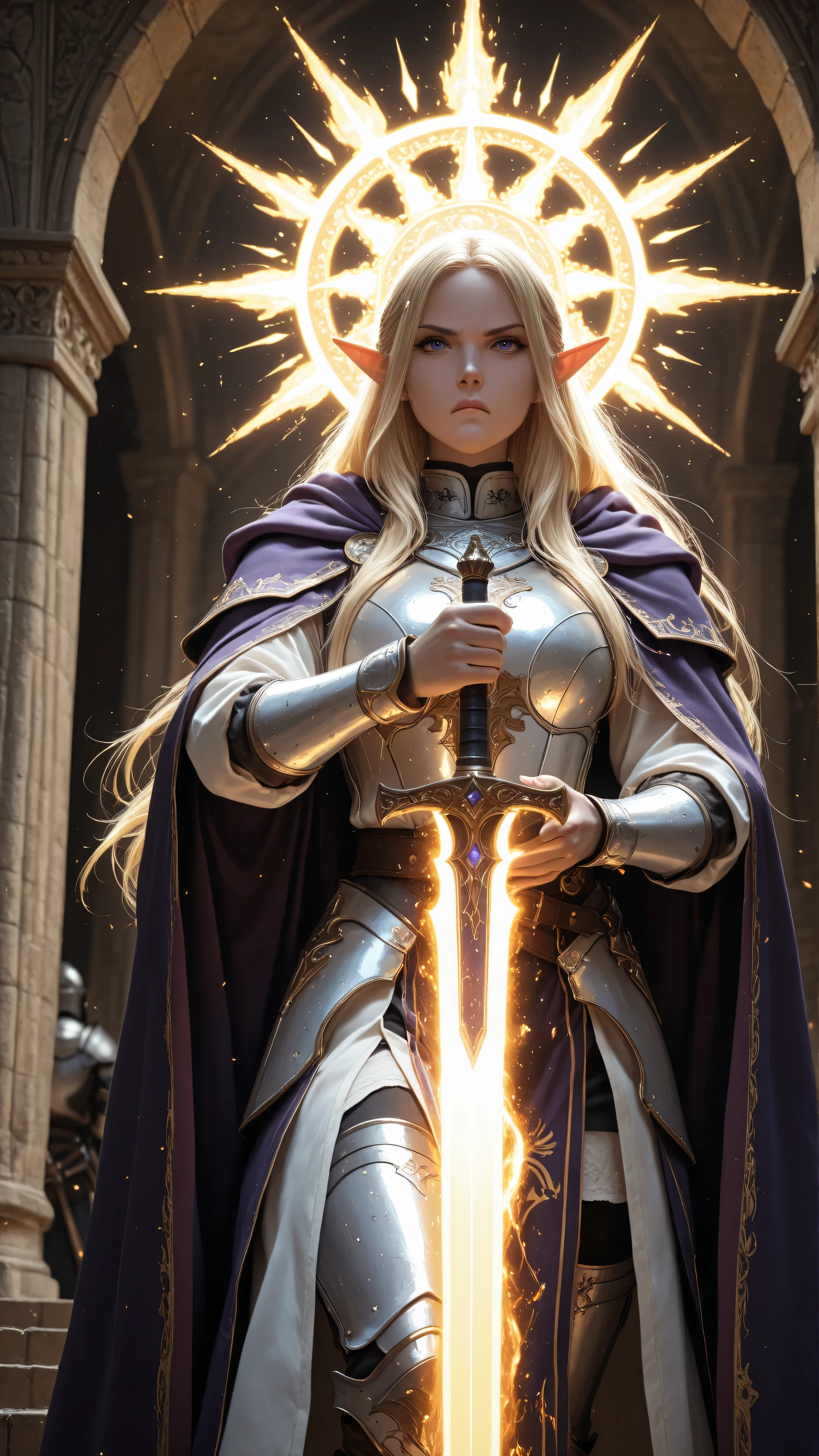 aidmaMJ6.1,masterpiece, best quality, very aesthetic, absurdres,female elf, cleric, paladin, casting a spell ,wearing heavy white armor, purple cloak with sun symbol, flowing holy symbol, armed with radiant long sword, blond hair, frown, serious, high detail, Realism, Action painting, depth of field, god rays, wide shot, panorama, Ultra-Wide Angle, UHD, super detail, high quality, 4K, highres
