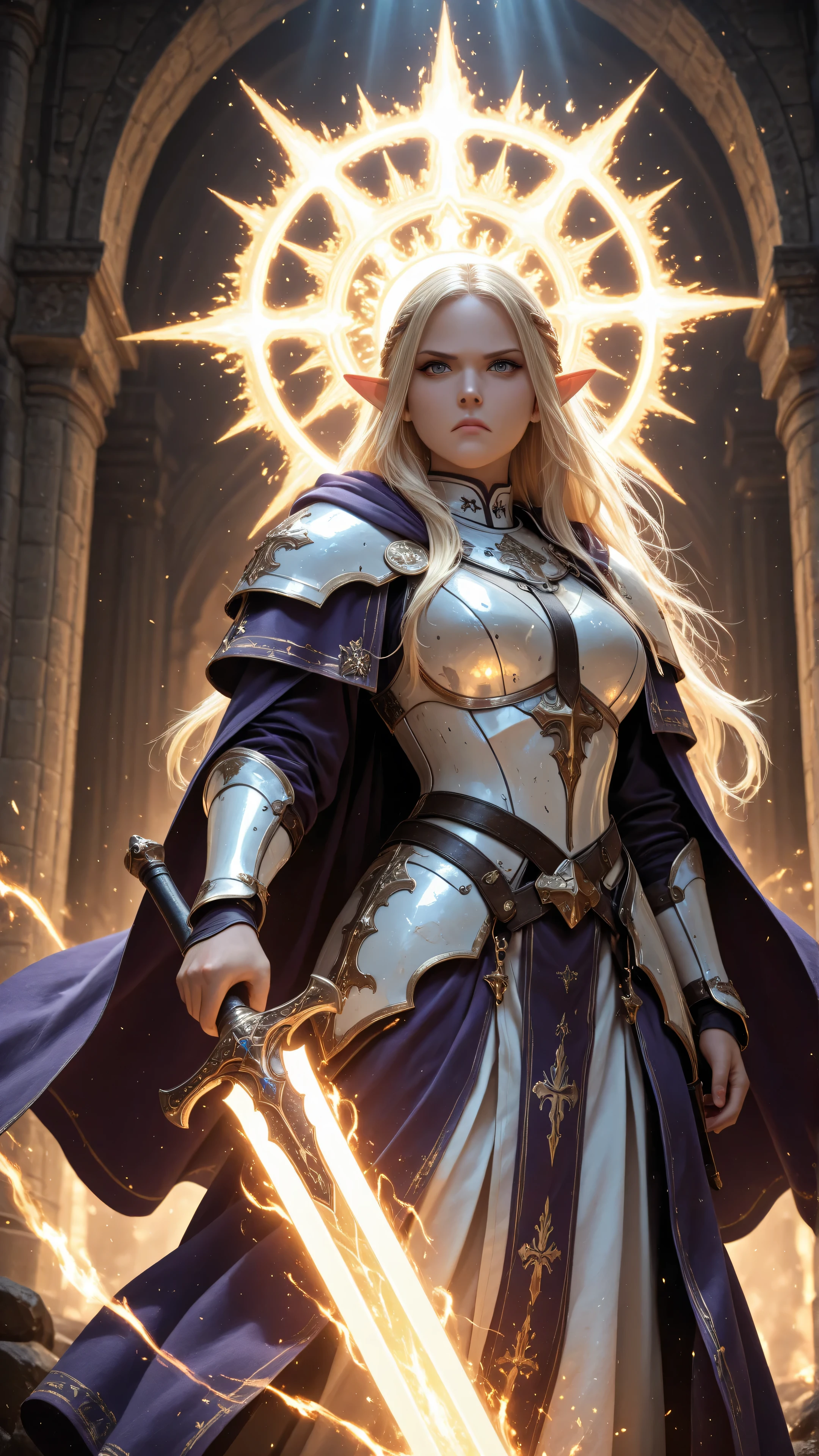 aidmaMJ6.1,masterpiece, best quality, very aesthetic, absurdres,female elf, cleric, paladin, casting a spell ,wearing heavy white armor, purple cloak with sun symbol, flowing holy symbol, armed with radiant long sword, blond hair, frown, serious, high detail, Realism, Action painting, depth of field, god rays, wide shot, panorama, Ultra-Wide Angle, UHD, super detail, high quality, 4K, highres