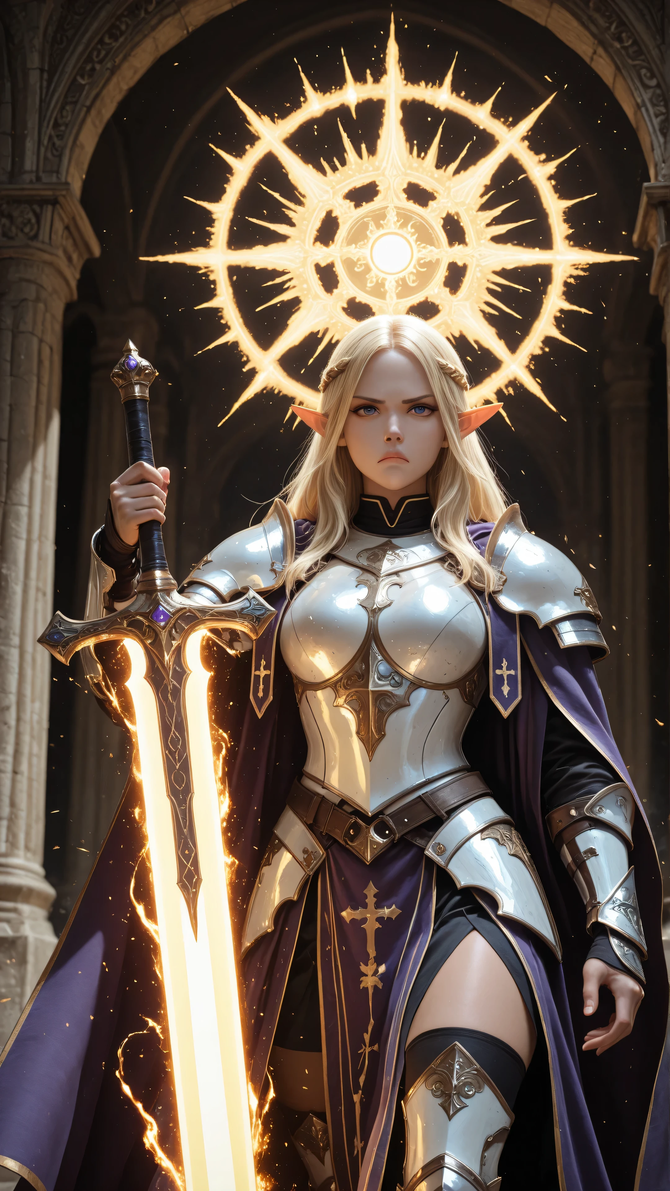 aidmaMJ6.1,masterpiece, best quality, very aesthetic, absurdres,female elf, cleric, paladin, casting a spell ,wearing heavy white armor, purple cloak with sun symbol, flowing holy symbol, armed with  radiant long sword,  blond hair,  frown, serious, high detail, Realism, Action painting, depth of field, god rays, wide shot, panorama, Ultra-Wide Angle, UHD, super detail, high quality, 4K, highres