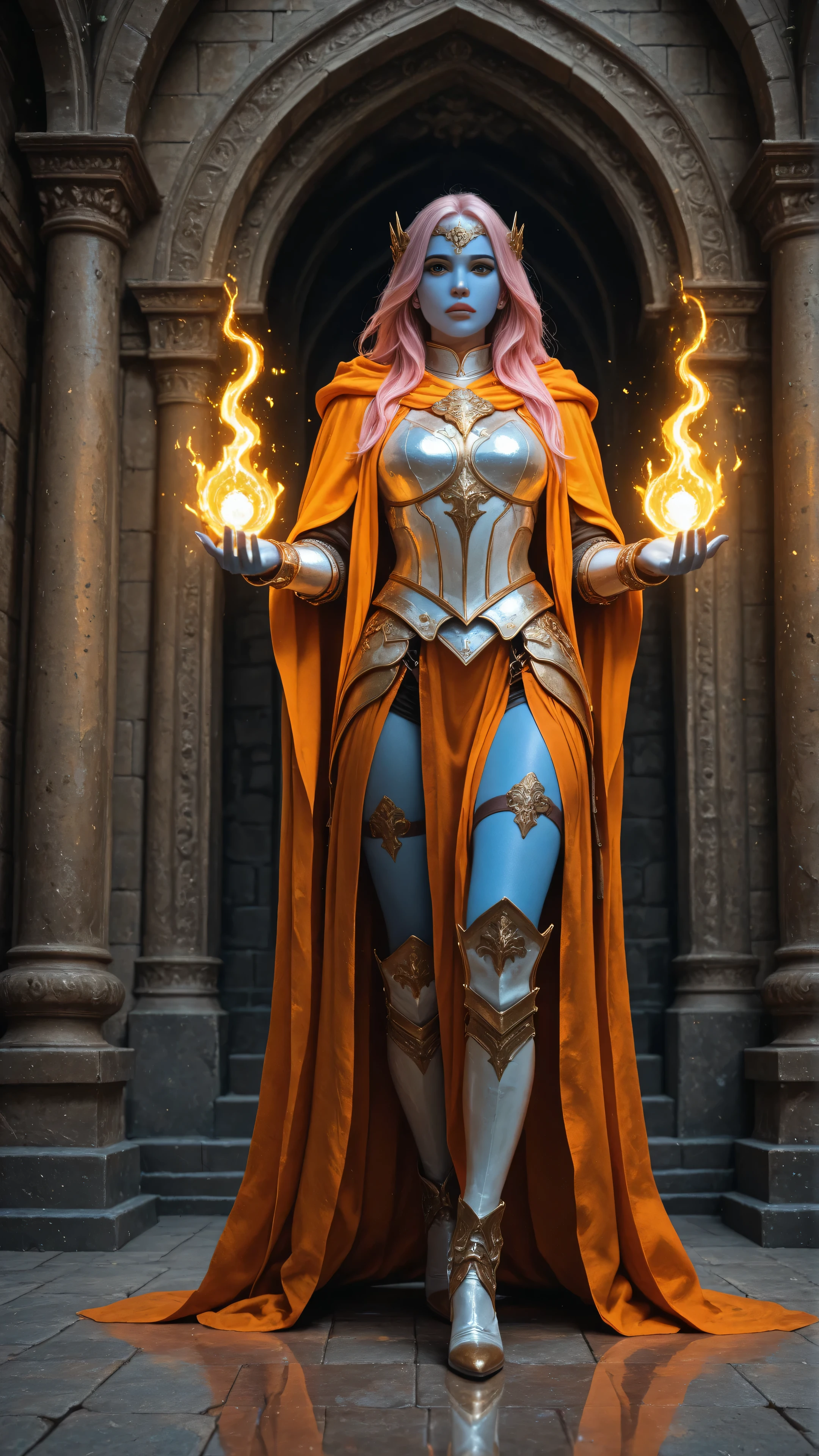 aidmaMJ6.1,masterpiece, best quality, very aesthetic, absurdres,, dnd art, RPG art, wide shot, intense details, highly detailed, photorealistic, best quality, highres, portrait a female, ((blue skin)), intense details facial details, exquisite beauty, cleric, blue skinned female, pink hair, long hair, ((no ears), green eyes, casting yellow radiant spell, wearing heavy white armor, wearing high heeled boots, wearing an orange cloak, wearing glowing holy symbol, within fantasy temple background, reflection light, high details, best quality, 16k, [ultra detailed], masterpiece, best quality, (extremely detailed), close up, ultra wide shot, photorealistic, RAW, fantasy art, dnd art, fantasy art, realistic art,((best quality)), ((masterpiece)), (detailed), perfect face