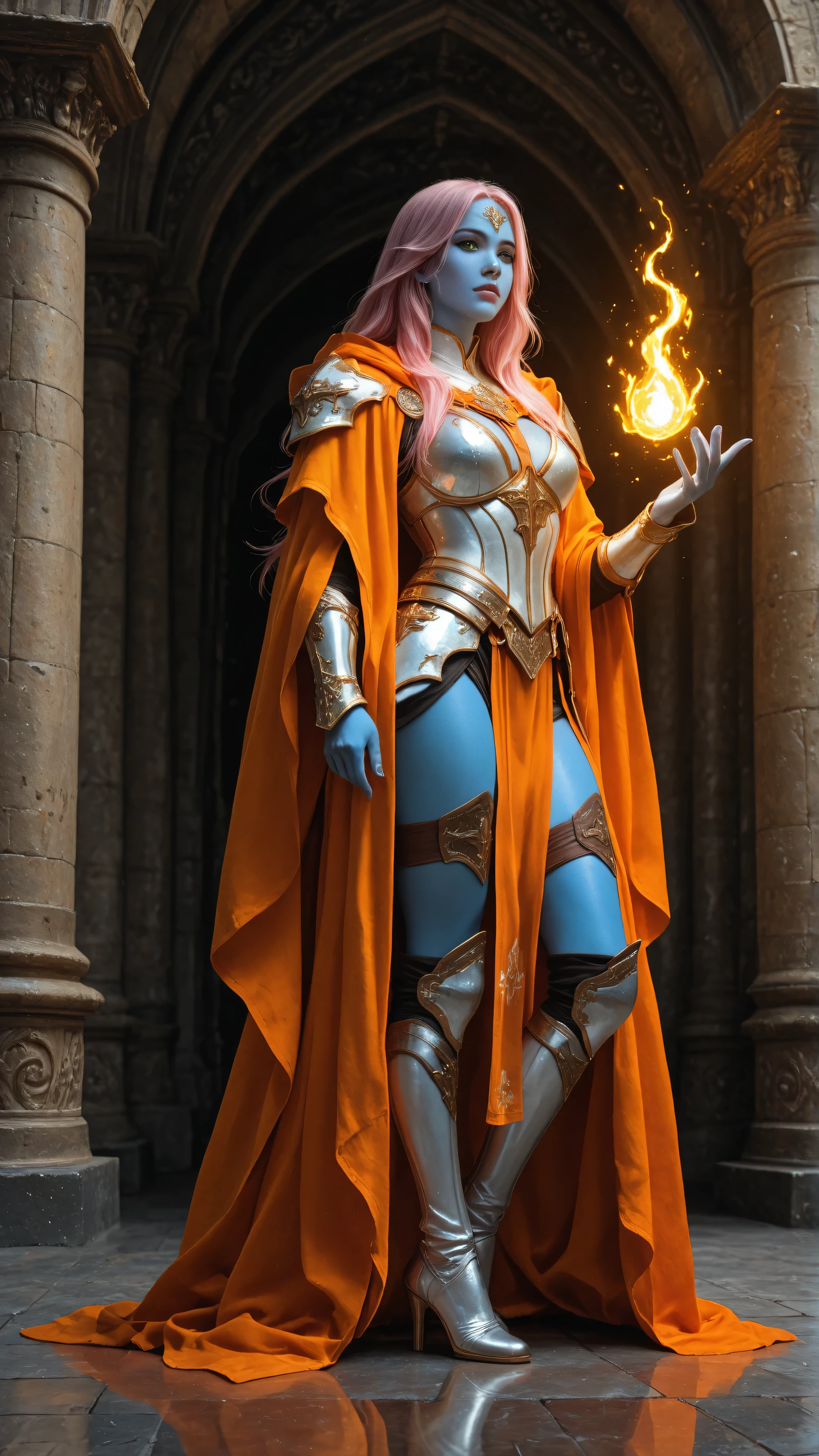 aidmaMJ6.1,masterpiece, best quality, very aesthetic, absurdres,, dnd art, RPG art, wide shot, intense details, highly detailed, photorealistic, best quality, highres, portrait a female, ((blue skin)), intense details facial details, exquisite beauty, cleric, blue skinned female, pink hair, long hair, ((no ears), green eyes, casting yellow radiant spell, wearing heavy white armor, wearing high heeled boots, wearing an orange cloak, wearing glowing holy symbol, within fantasy temple background, reflection light, high details, best quality, 16k, [ultra detailed], masterpiece, best quality, (extremely detailed), close up, ultra wide shot, photorealistic, RAW, fantasy art, dnd art, fantasy art, realistic art,((best quality)), ((masterpiece)), (detailed), perfect face