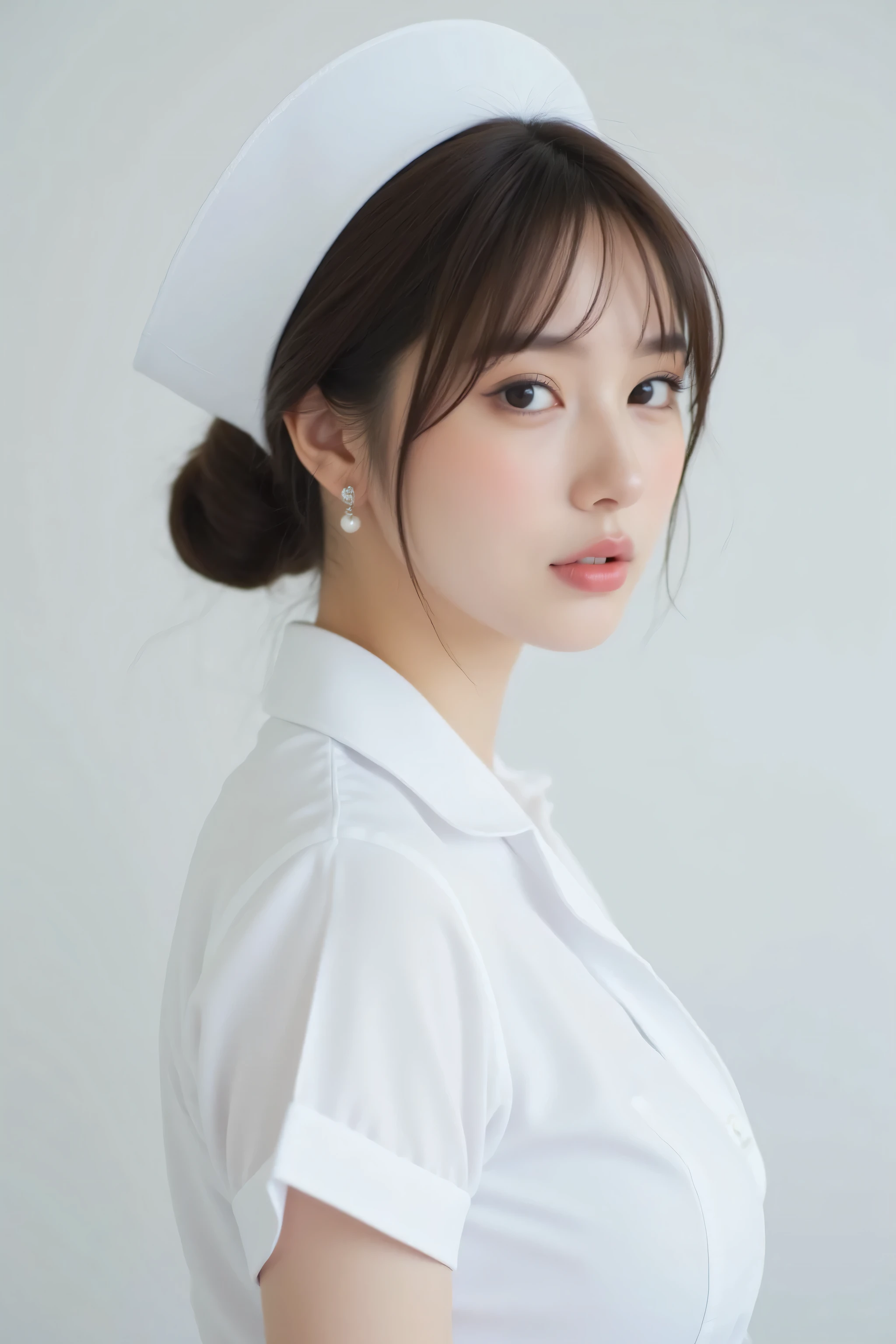 ( top quality、 Greatest Masterpiece、 top quality、 winning works )、Beautiful Women、(1 nurse:1.1)、、(Short tied chignon showing forehead:1.1)、( white nurse coat without buttons :1.3)、 (perfect plain white nurse hat:1.3)、(sidemap:1.3)、(Looking back on me :1.3)、(Big Breasts Seen From the Side:1.3)、perfect portrait photo 、 Bright, beautiful skin 、standing gracefully、( pure white fuzzy pure white background :1.3)、(Upper Body Pictures:1.1)、big boobs、very white skin、tyndall effect、without makeup 、perfect and beautiful face in light fog、clearly depicts the details of a beautiful face